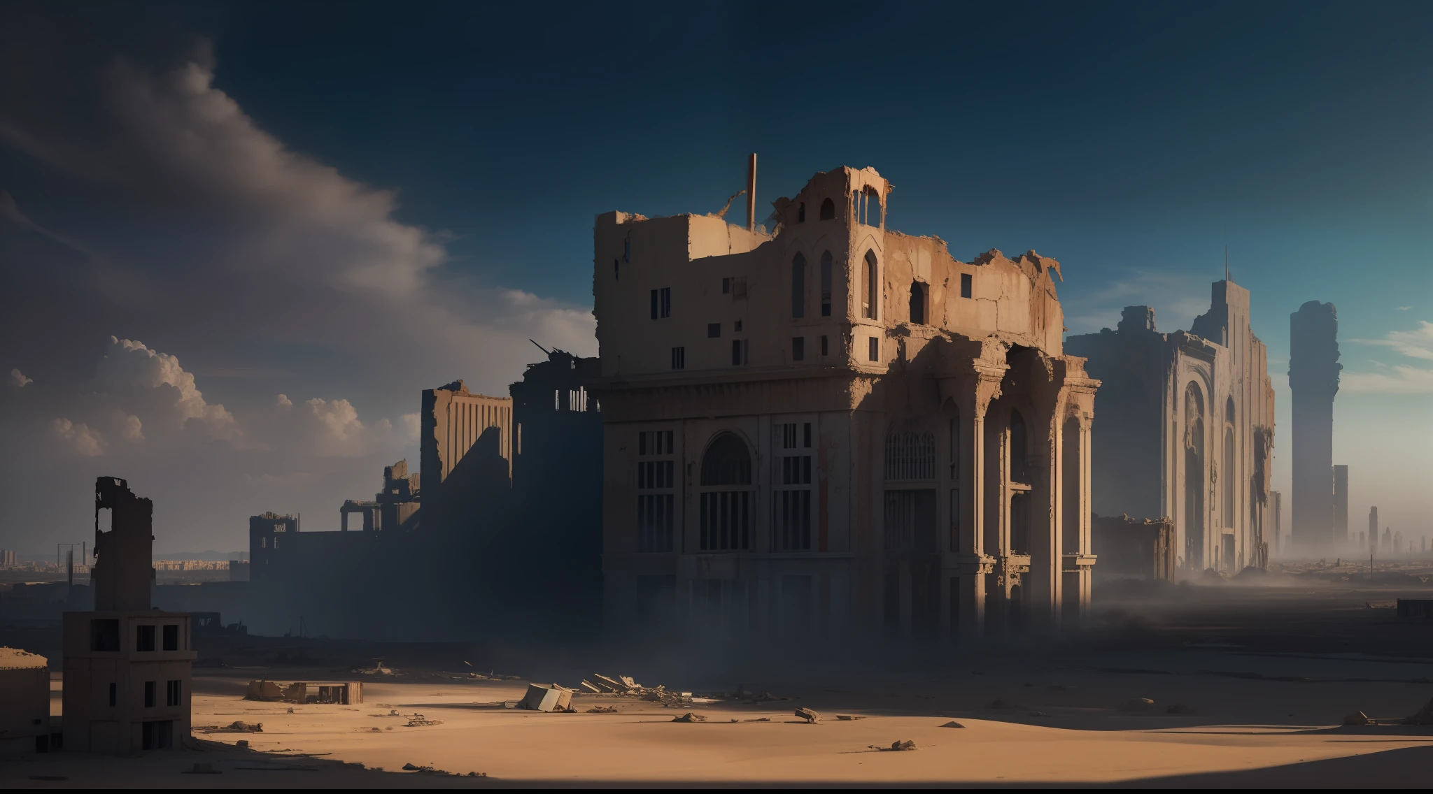 panoramic view, abandoned city, destroyed, ruined buildings, in the desert, sand, vibrant, photorealistic, hyperrealism, strong impressionist painting style, 1.618, elegant, ethereal, intricate, elaborate, hyper-realism, hyper-detailed, strong expressiveness and emotionality, cinematic lighting, visual clarity