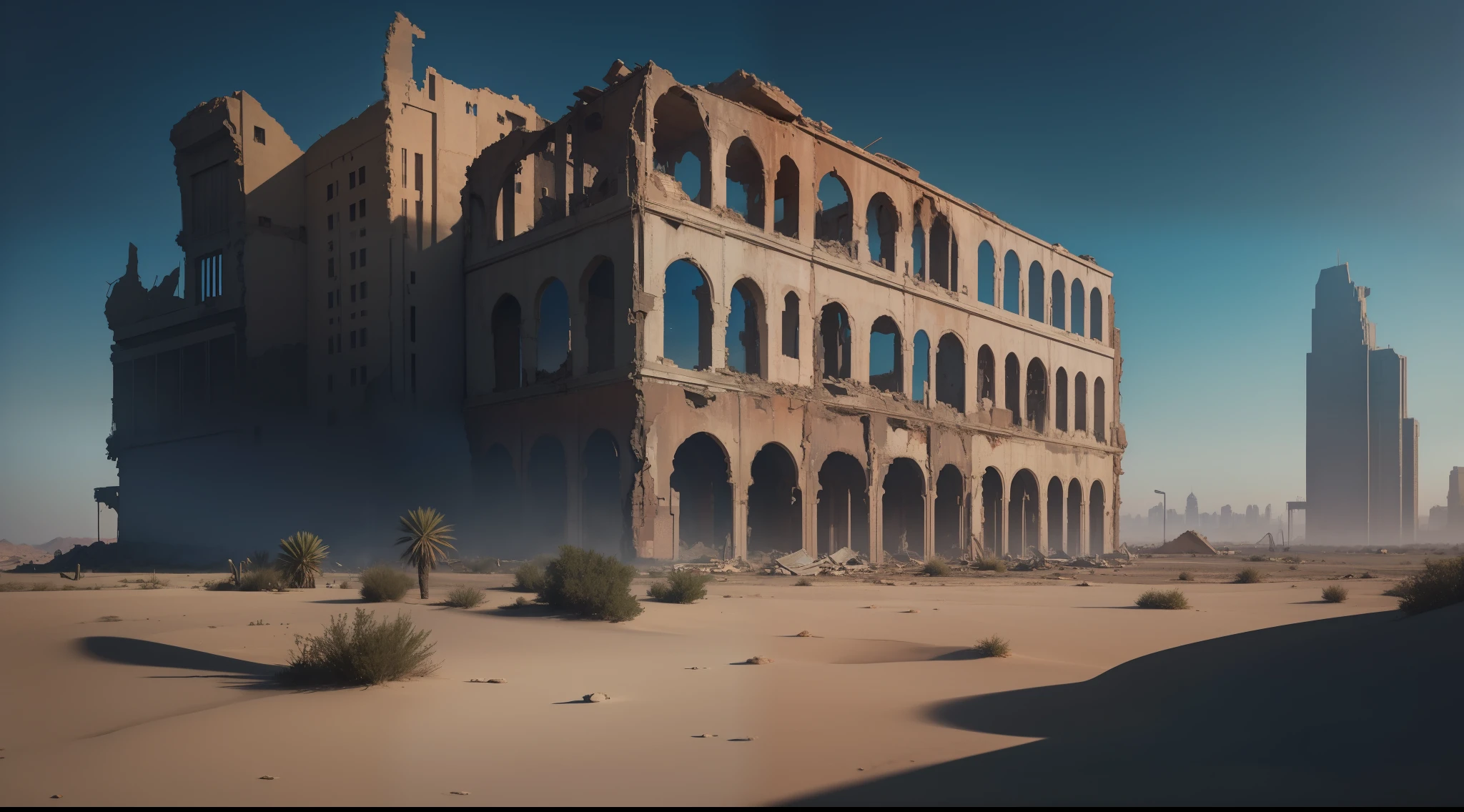 panoramic view, abandoned city, destroyed, ruined buildings, in the desert, sand, vibrant, photorealistic, hyperrealism, strong impressionist painting style, 1.618, elegant, ethereal, intricate, elaborate, hyper-realism, hyper-detailed, strong expressiveness and emotionality, cinematic lighting, visual clarity