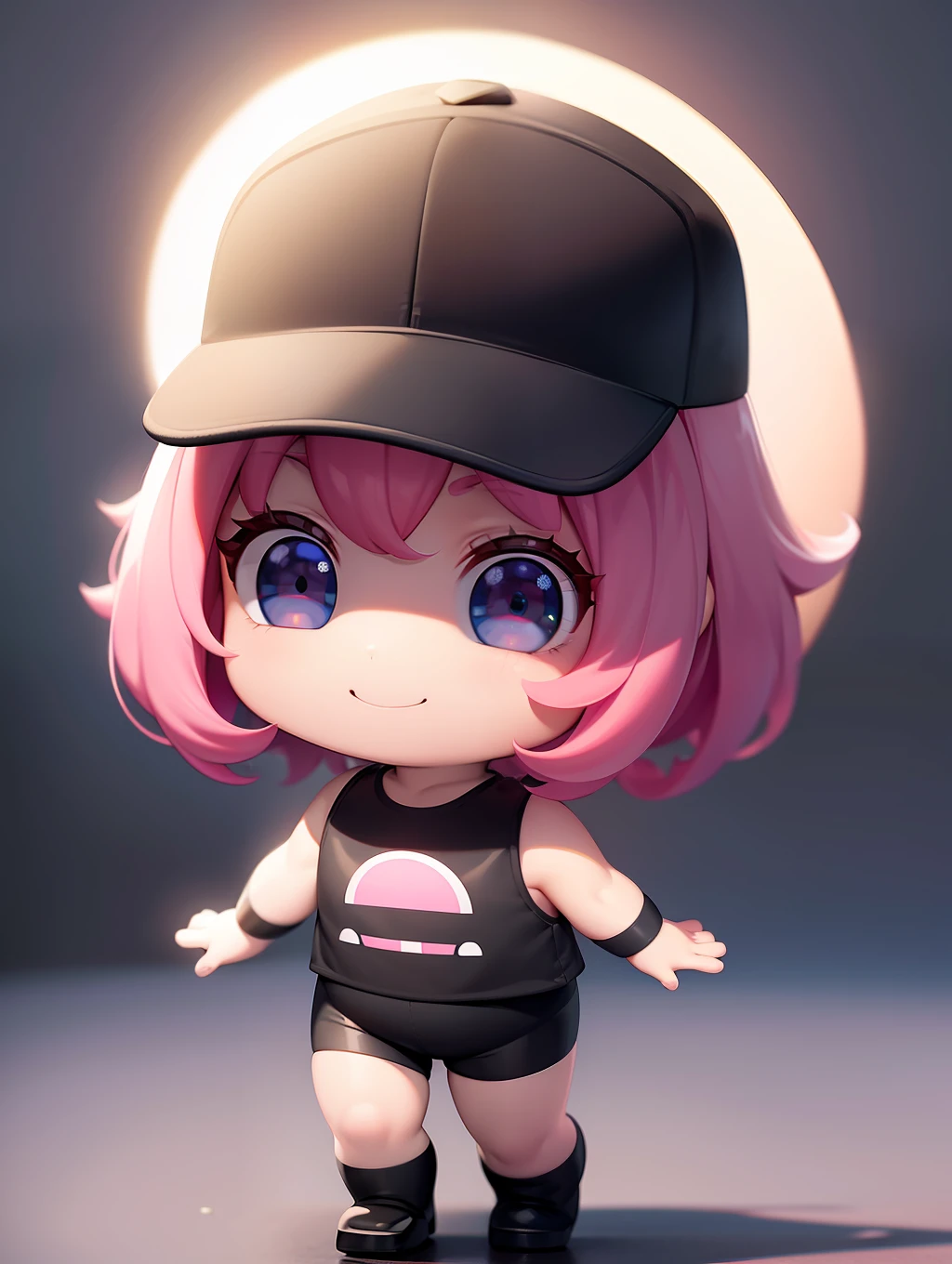 (PopMart Blind Box IP+ Super Cute: 1.2) Two big moon boys, black eyes, pink hat melting black hair, smile in the sun, full body sheer, clean background, Behance style. (Chibi background + cinematic light and shadow) 3D/C4D production, (8K ultra-clear picture quality + cinematic lighting + ultra-detailed lens description): 1.5, perfect presentation, flawless. "