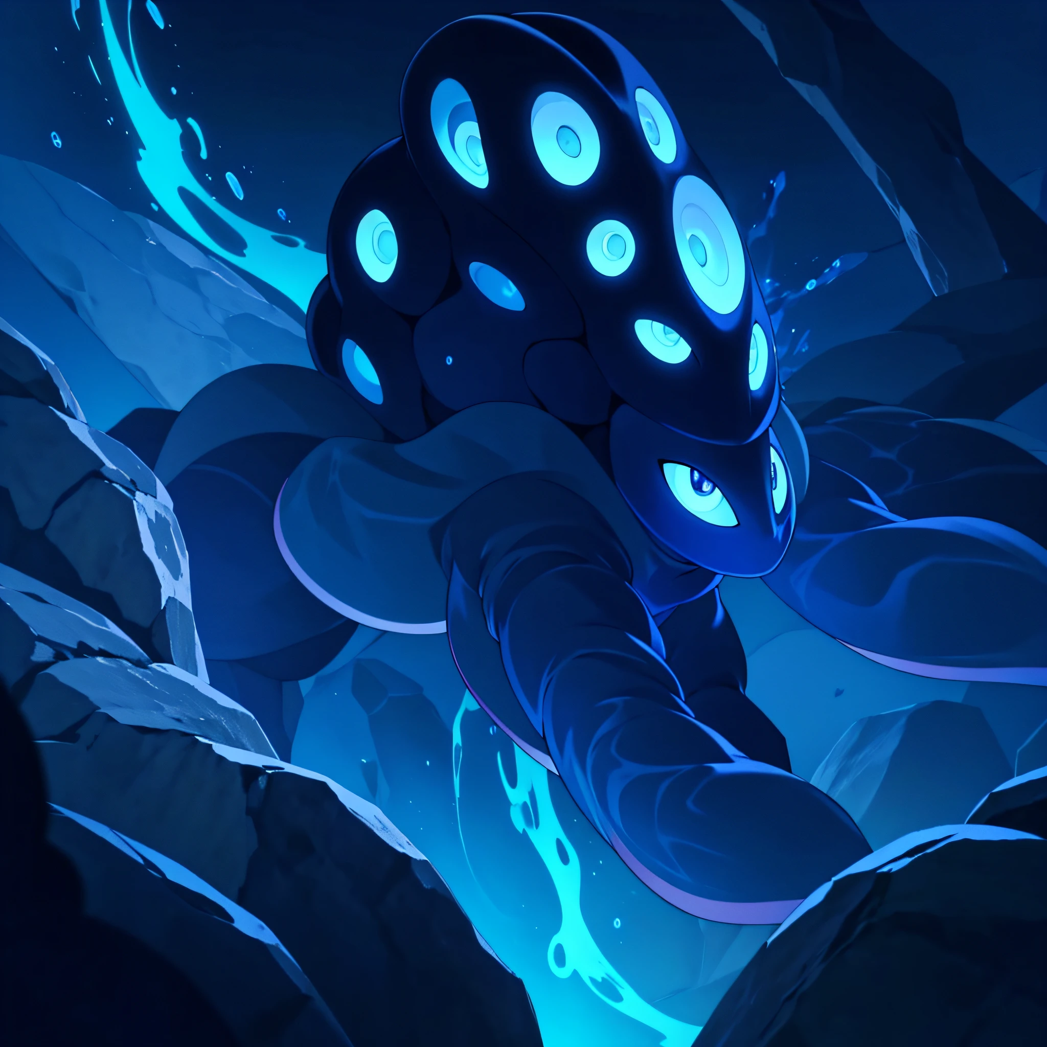 cephalopod, (cephalopod), blue tentacles covered in glowing blue fire, pure black body, blue and purple flames covering all, glowing light-blue eyes, masterpiece, Best Quality