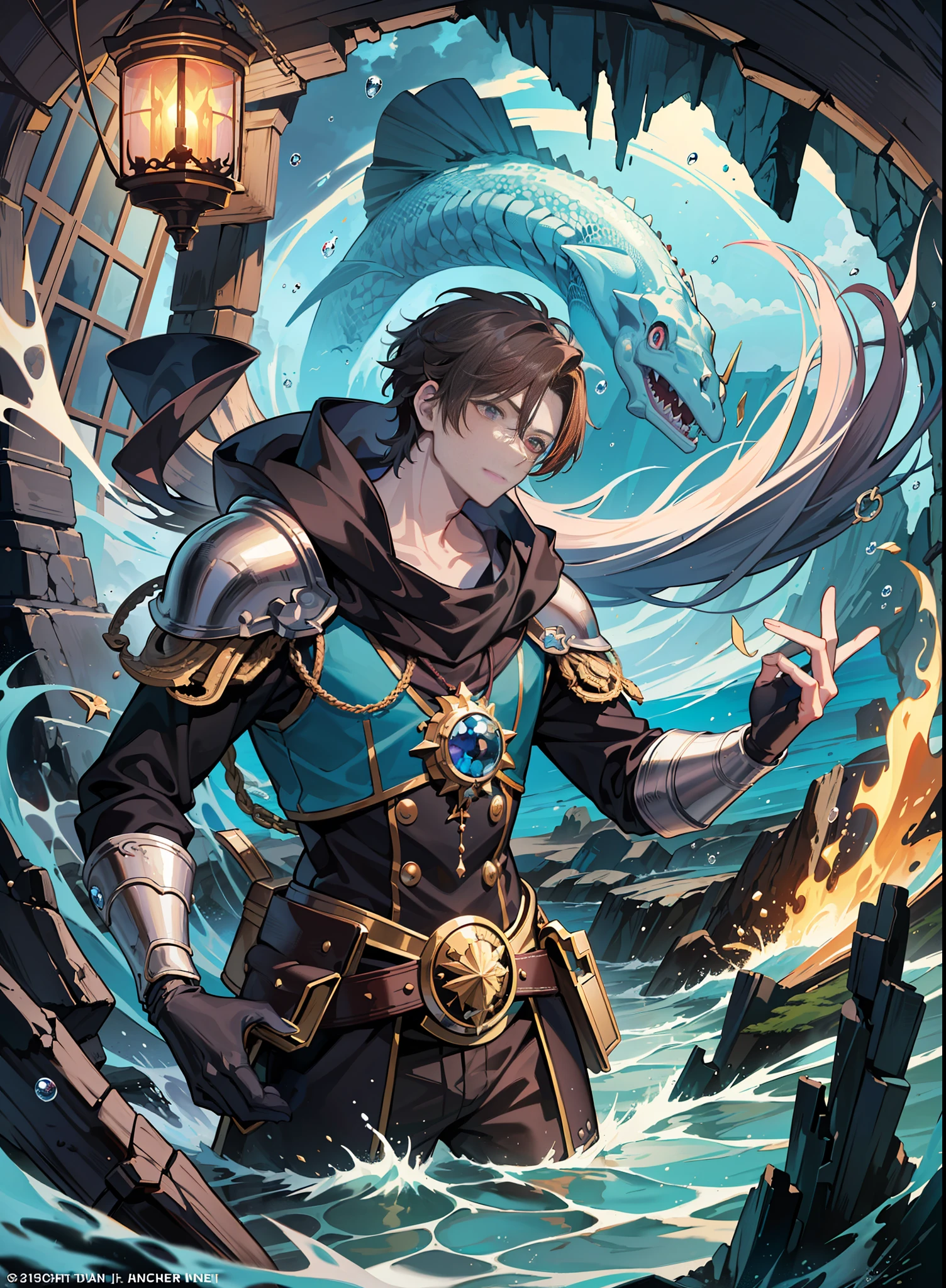 (masterpiece, top quality, best quality, anime illustration, official art, beautifully aesthetic, detailed drawing, 1man: 1.5), (very beautiful and strong man: 1.5), (adventurer, swordsman, wizard, thief: 1.3), fractal pattern, (dark seabed, horror taste: 1.5), Man exploring undersea cave, (undersea cave exploration, treasure hunt), aquatic monster, darkness, undersea, deep sea fish, coral, bubbles, treasure, treasure chest, (clean hands), correct human body structure