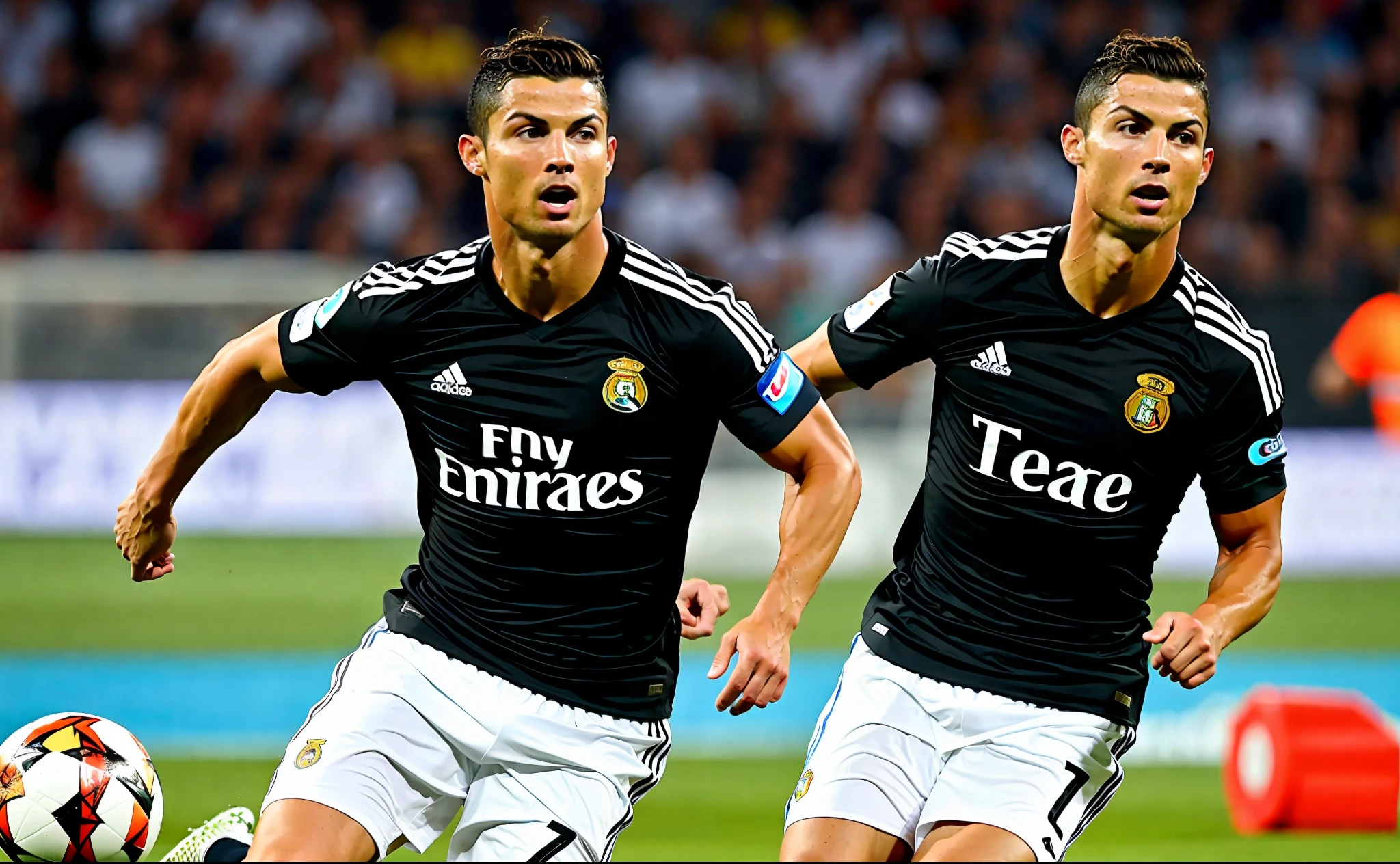 Cristiano ronaldo wearing a black shirt with 4 white stripes with the three-pointed secudo with the black and white bosdas in the center black and inside a white star