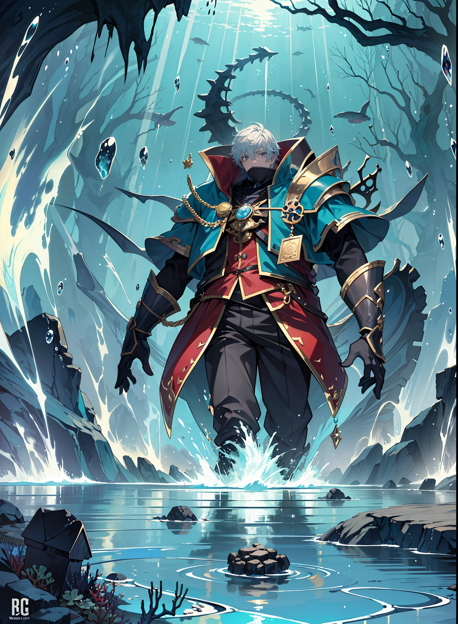 (masterpiece, top quality, best quality, anime illustration, official art, beautifully aesthetic, detailed drawing, 1man: 1.5), (very beautiful and strong man: 1.5), (adventurer, swordsman, wizard, thief: 1.3), fractal pattern, (dark seabed, horror taste: 1.5), Man exploring undersea cave, (undersea cave exploration, treasure hunt), aquatic monster, darkness, undersea, deep sea fish, coral, bubbles, treasure, treasure chest, (clean hands), correct human body structure