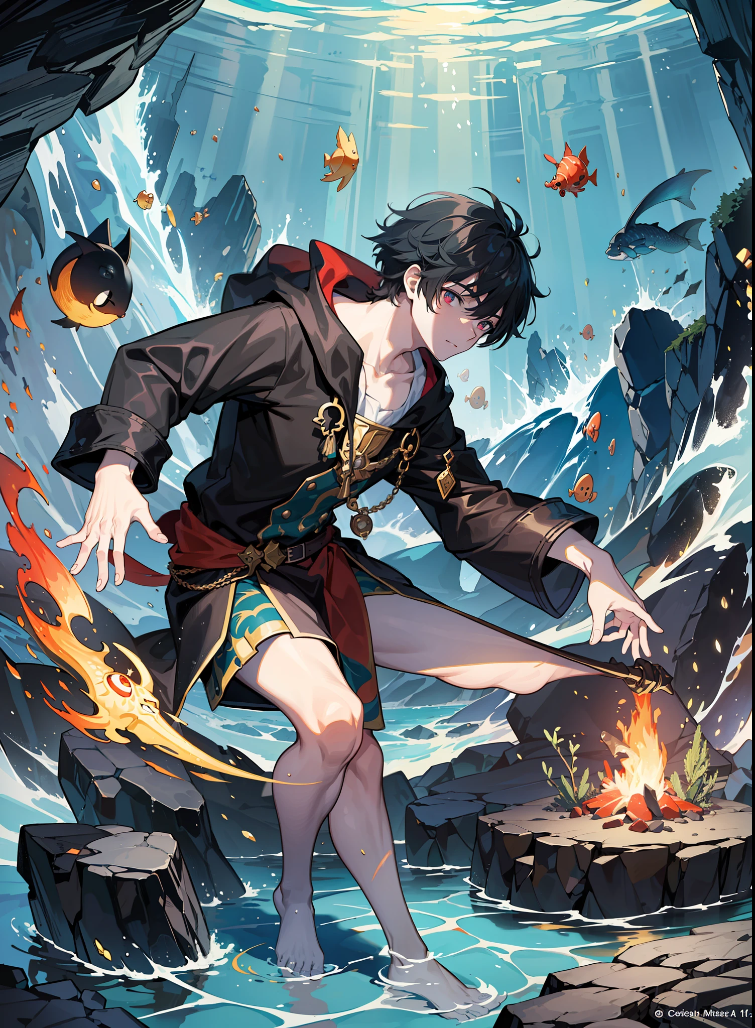(masterpiece, top quality, best quality, anime illustration, official art, beautifully aesthetic, detailed drawing, 1man: 1.5), (very beautiful and strong man: 1.5), (adventurer, swordsman, wizard, thief: 1.3), fractal pattern, (dark seabed, horror taste: 1.5), Man exploring undersea cave, (undersea cave exploration, treasure hunt), aquatic monster, darkness, undersea, deep sea fish, coral, bubbles, treasure, treasure chest, (clean hands), correct human body structure