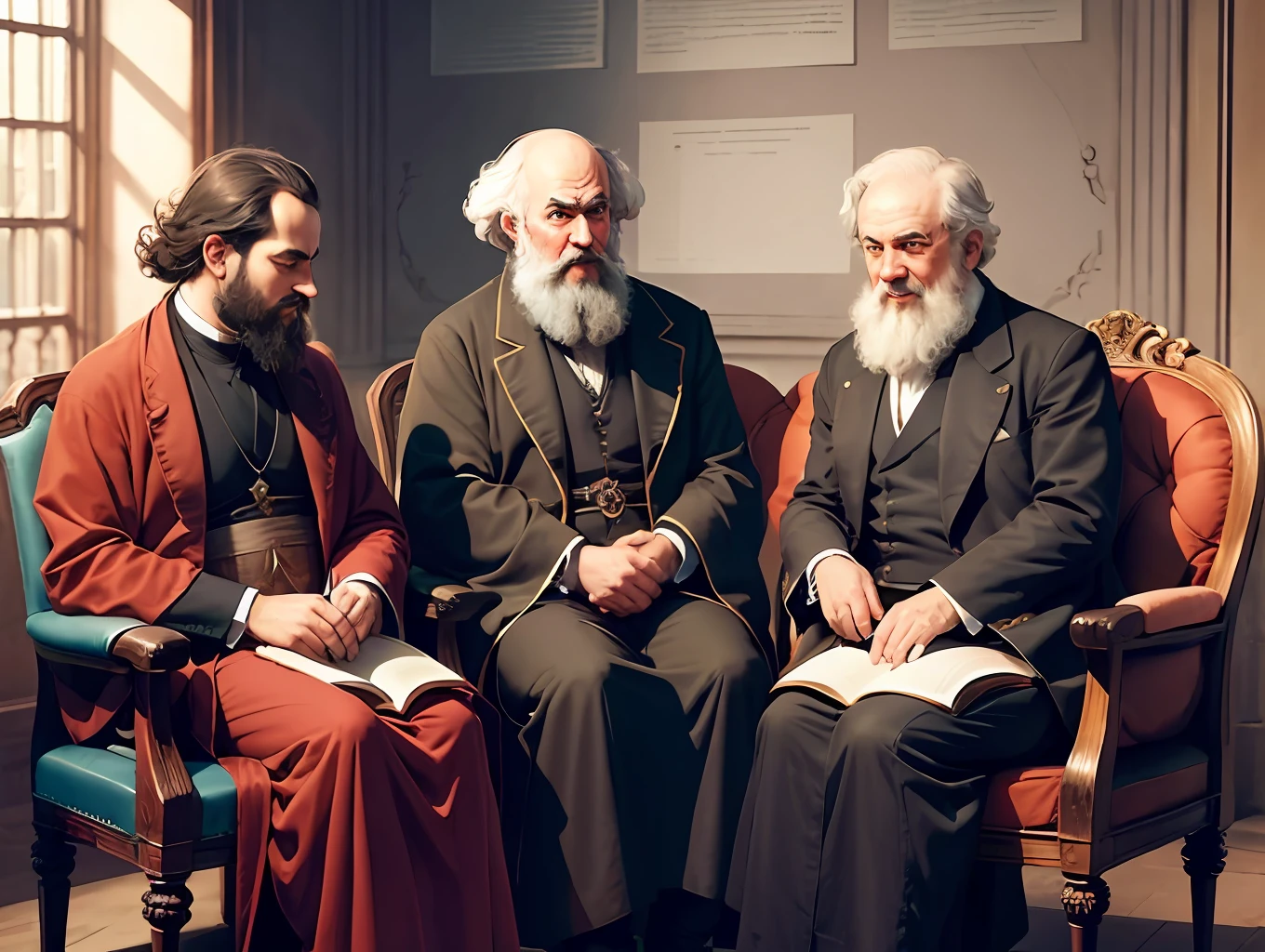 three chairs, one sitting with a monk, one with Marx and one with Plato; The monk wears a cassock; Marx is slightly pensive, Marx is wearing a suit; Plato smiled as usual, and Plato wore a robe --auto --s2