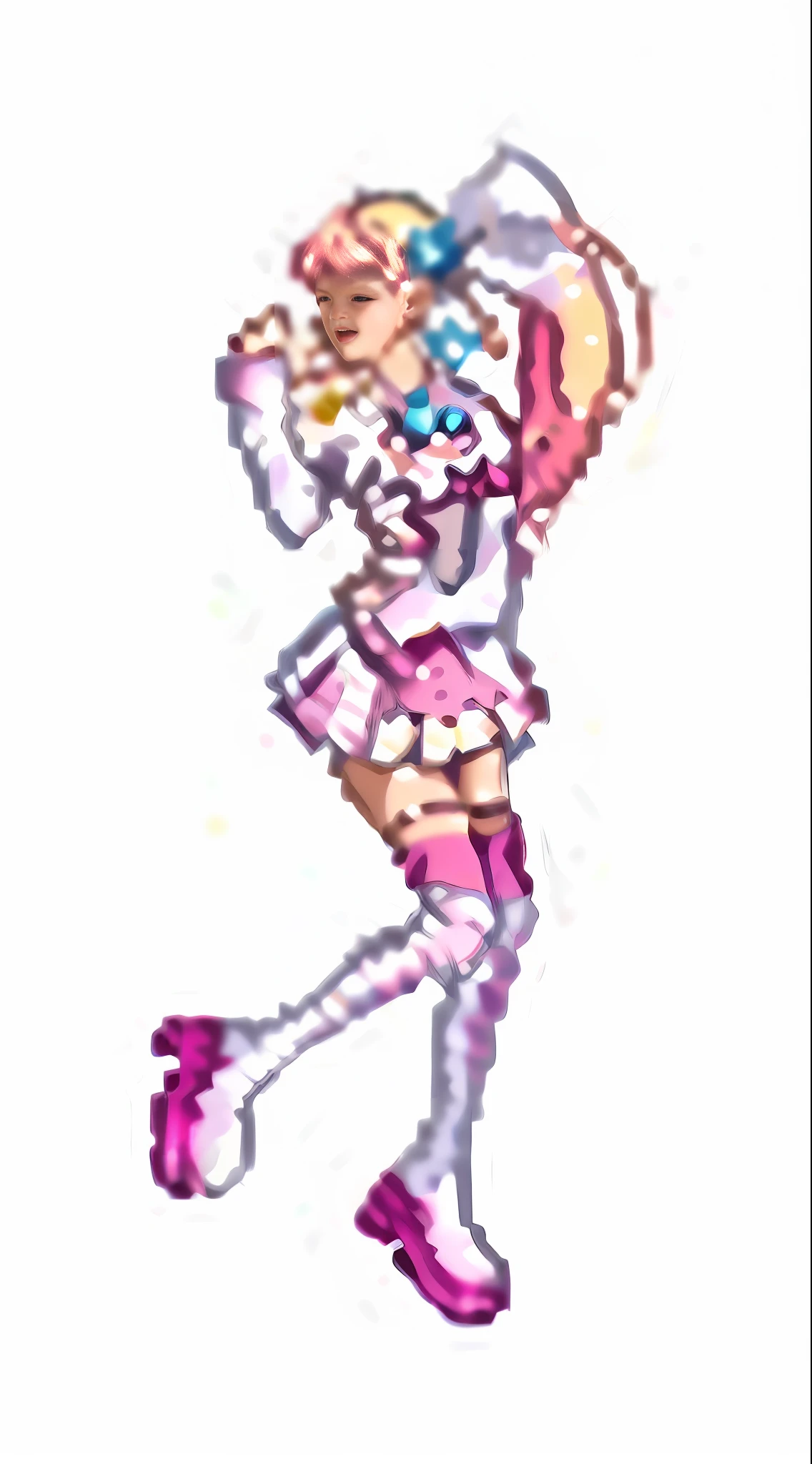 (Masterpiece: 1.5), (Best quality: 1.5), 8k,1 girl, closed eyes pink hair, single ponytail, white top, pink pleated skirt, pink over-the-knee socks, white long boots, (white background: 1.5)