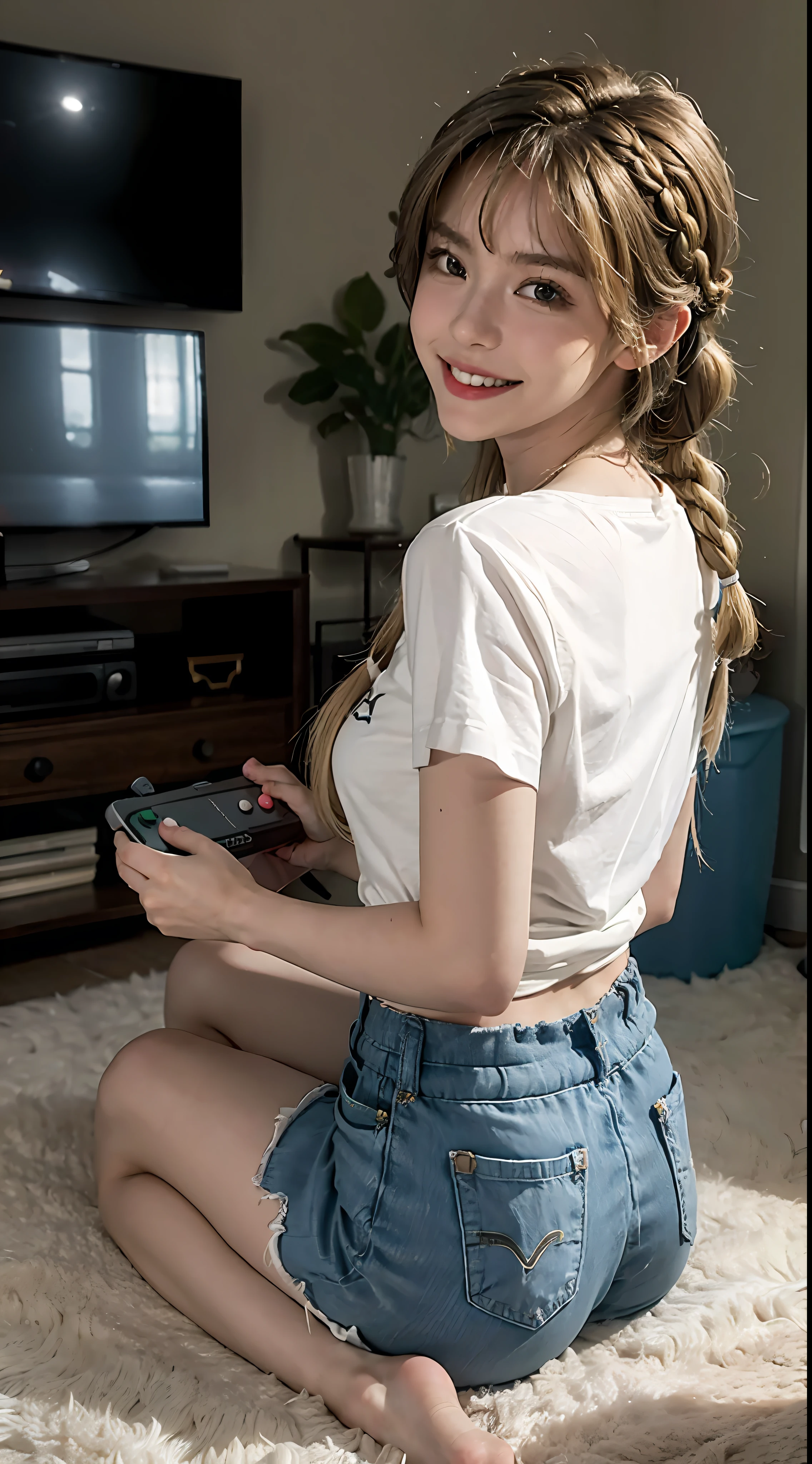 1girl, shorts, solo, solo, alone, back to the audience, indoors, bedroom, sitting on the ground, vintage console, Nintendo console, gamepad in hand, looking back at audience, smiling, blonde, braided, white shirt