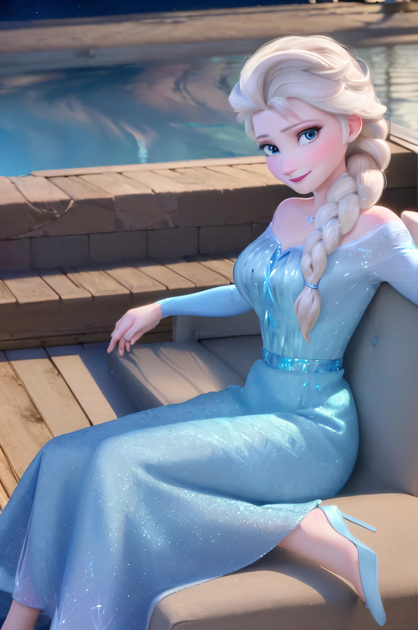 (masterpiece:1.4),(best qualit:1.4),(high resolution:1.4),elsa of arendelle, blue ice dress, single braid ,sitting,single braid,(looking at viewer:1.1),(night:1.2),couch,fireplace,smile,1girl,solo,solo focus,