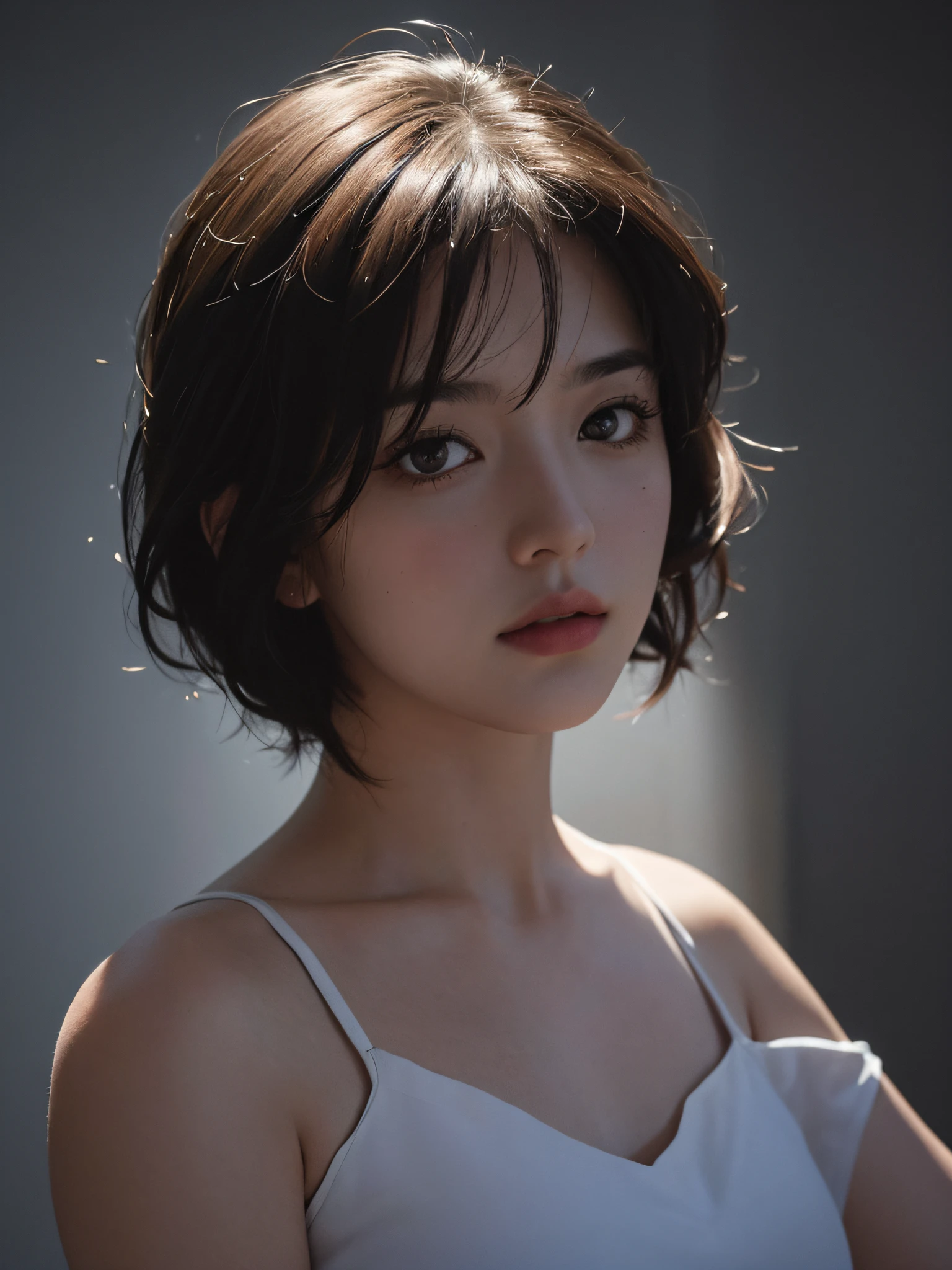 Best quality, masterpiece, ultra high res, (photorealistic:1.5), raw photo, 1girl, offshoulder, in the dark, deep shadow, low key, cold light, sexy look, short hair