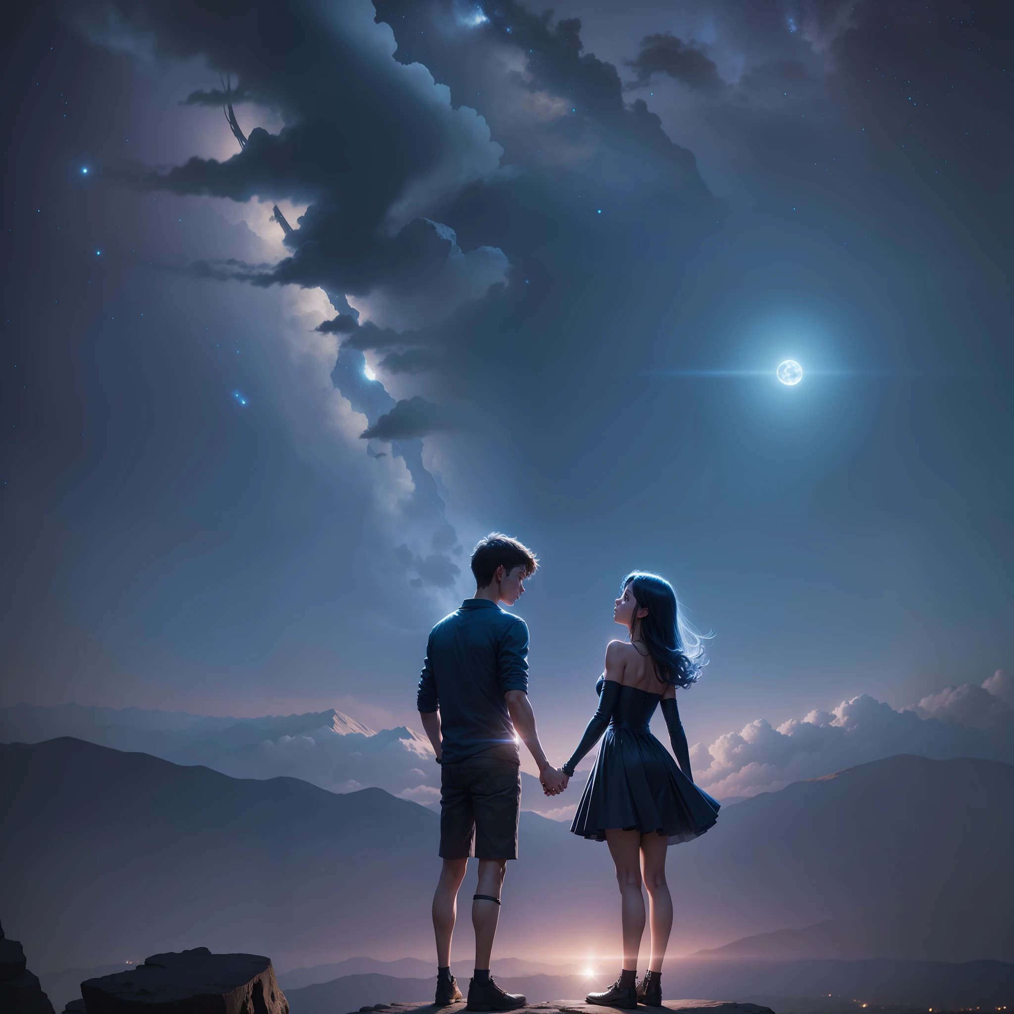 teenage boy and girl kissing,  standing on an ancient rock, perfect body, beautiful face ,night, dark night, blue moon,  ultra high quality, fireflies, magical, mysterious, love, romantic, blue moon, photo realistic, silhouette, ultra hd, fireflies in the background, no lights