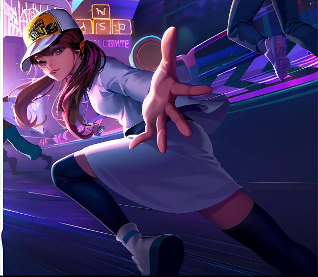 a close up of a person in a dress and hat on a skateboard, kda, kda and sam yang, style artgerm, range murata and artgerm, urban girl fanart, artgerm style, valentina remenar, style of artgerm, artgerm lau, akali, hero pose colorful city lighting