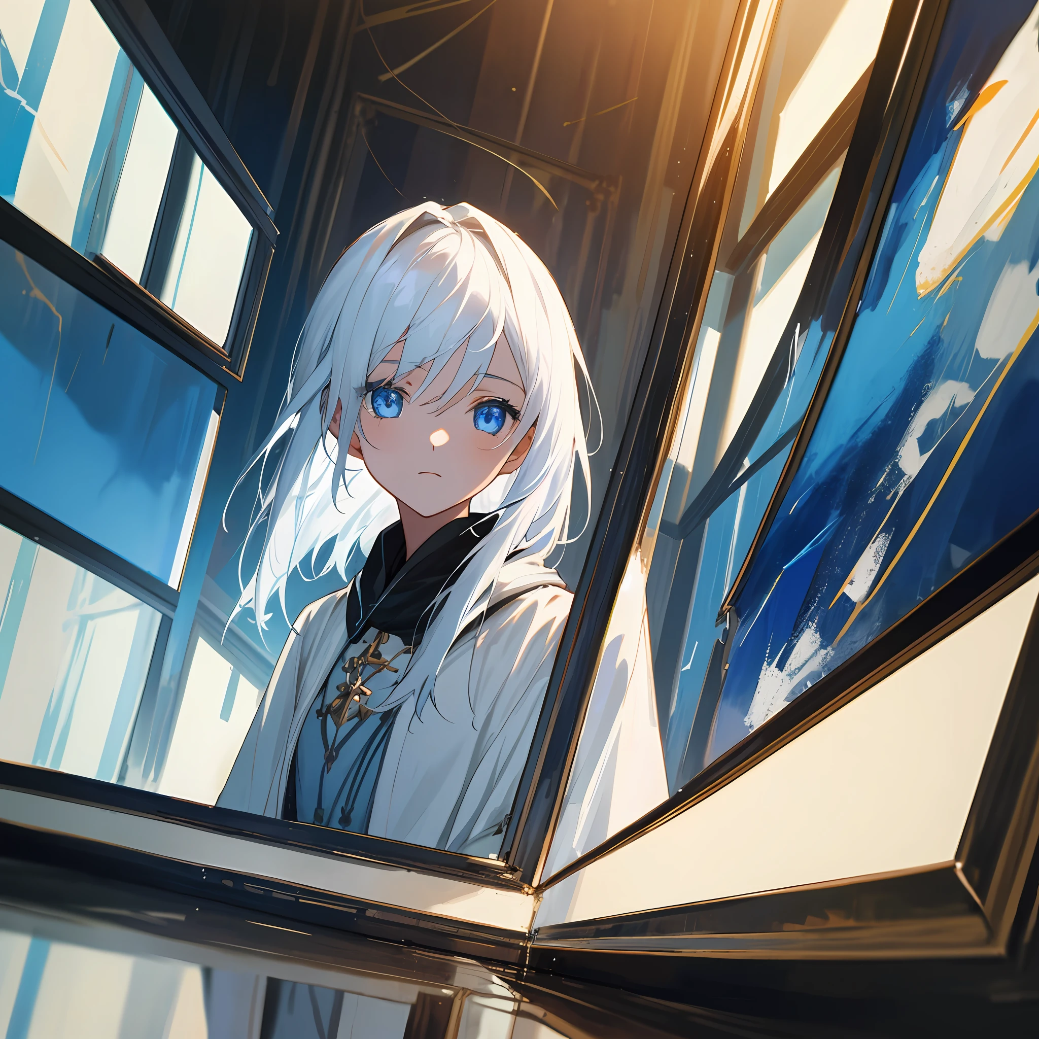 1 girl, upper body, white hair, blue eyes, indoors, dim light, paintings, glass, reflection