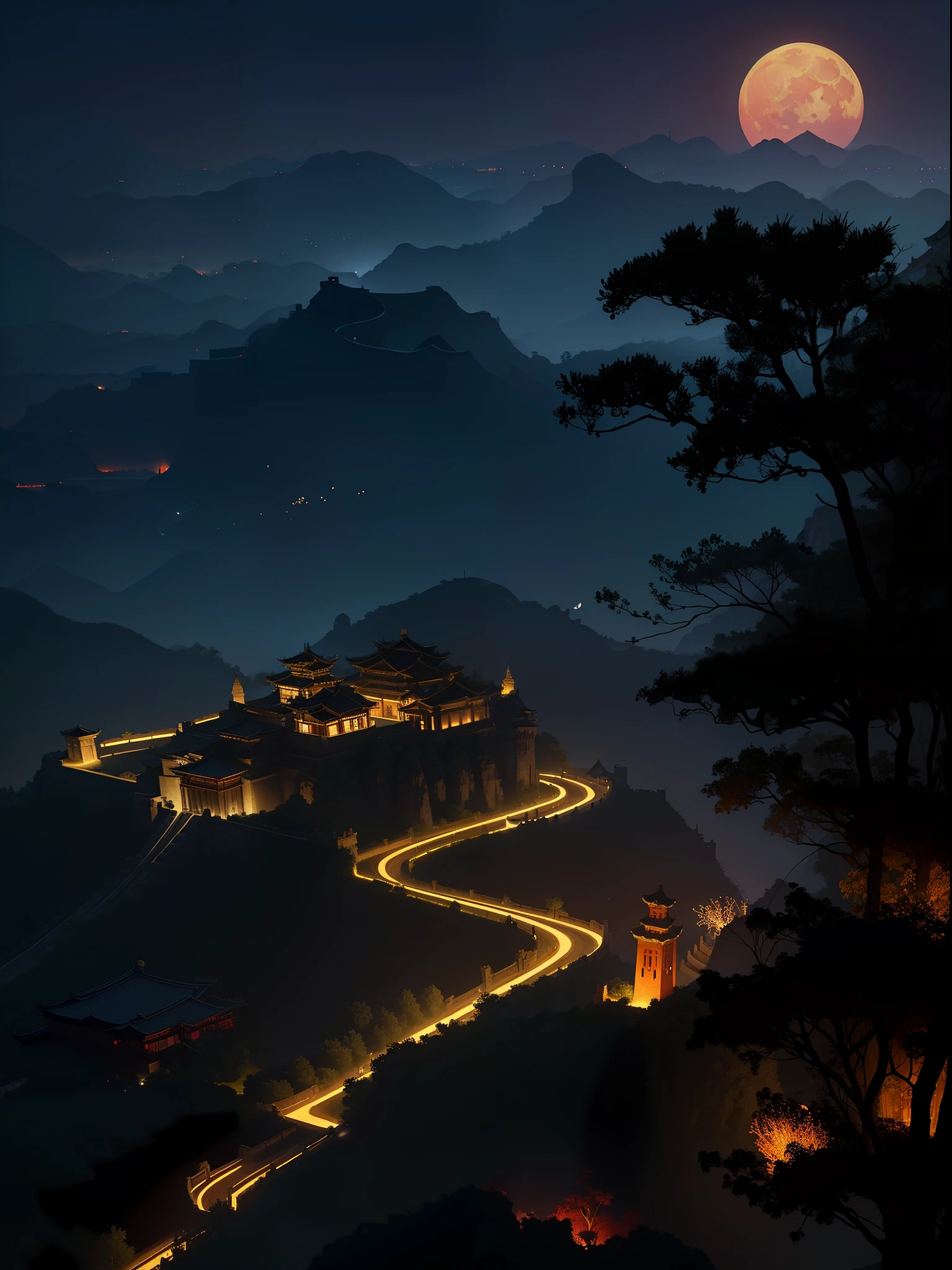 official art, ancient china, ancient cityscape, castle, (lots of fireflies), (night), (moon), lights, beautiful landscape, magnificent landscape, realistic lights, masterpiece, high quality, beautiful graphics, high detail, global illumination, unreal engine rendering, octane rendering, (HDR: 1.3)