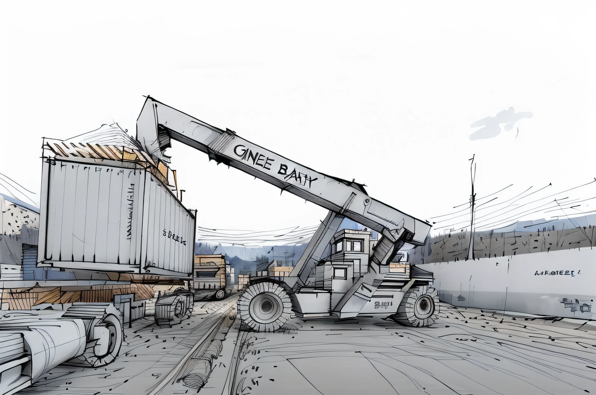 linear, gray, white background, simple background, sketch, sketch, pen_sketch_style, there is a large bulldozer that lifts the container, loading, heavy machinery, large shovel, mining scrap metal, gravel, heavy work, massive construction machines