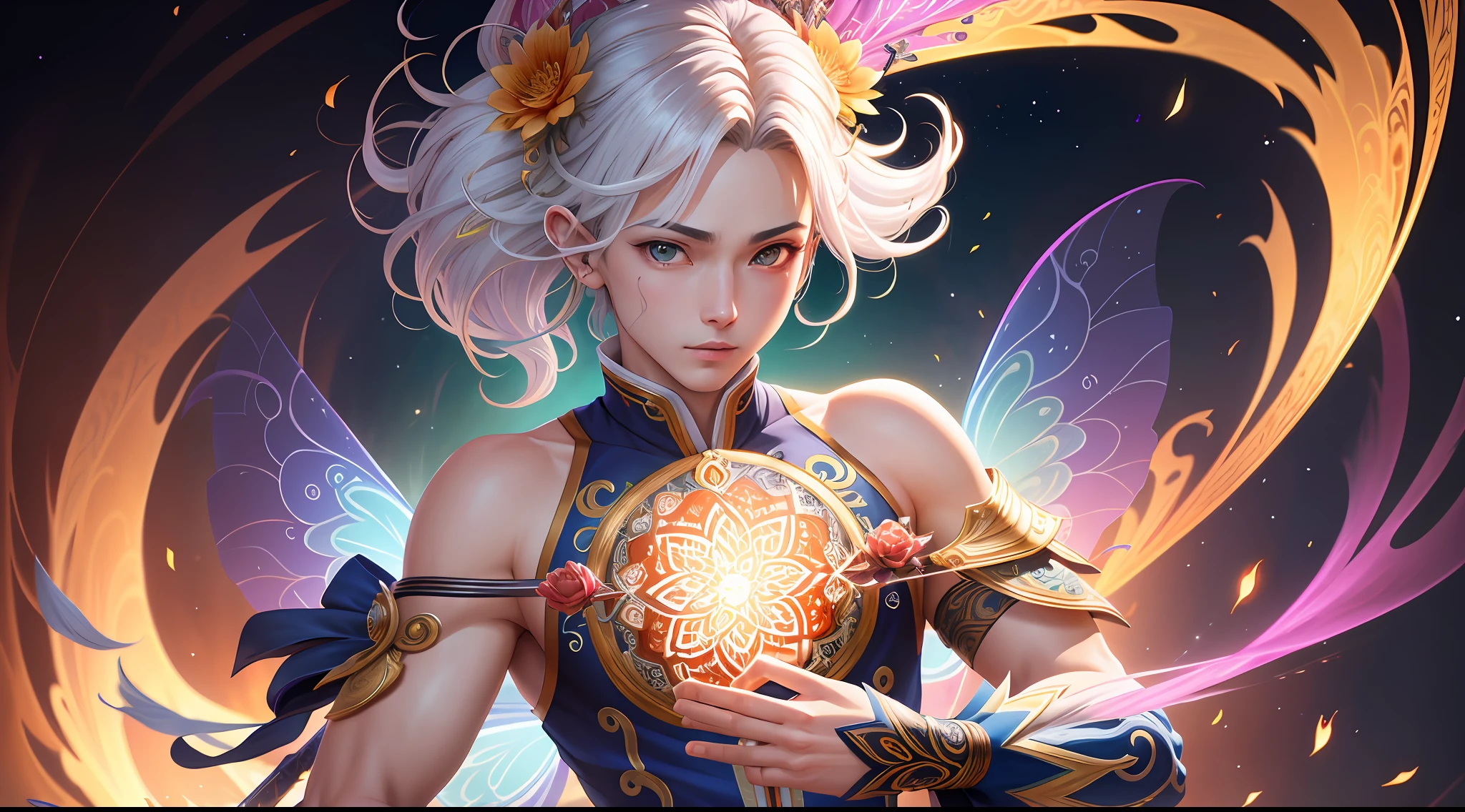 Official Art, Unified 8k Wallpapers, Ultra Detailed, Beautiful and Aesthetic, Masterpiece, Best Quality, (Zentangle, Mandala, Tangled, Entangled), (Fractal Art: 1.3), Very Detailed, Dynamic Angle, Most Beautiful Forms Chaotic, Elegant, Fauvist Design, Bright Colors, Romantic, Male, with a Flower on the Head, Holding a Sword, White Hair, Shōnen, Anime, Fairy Fluttering, Handsome, 3D, Virtual Engine, Octane Rendering