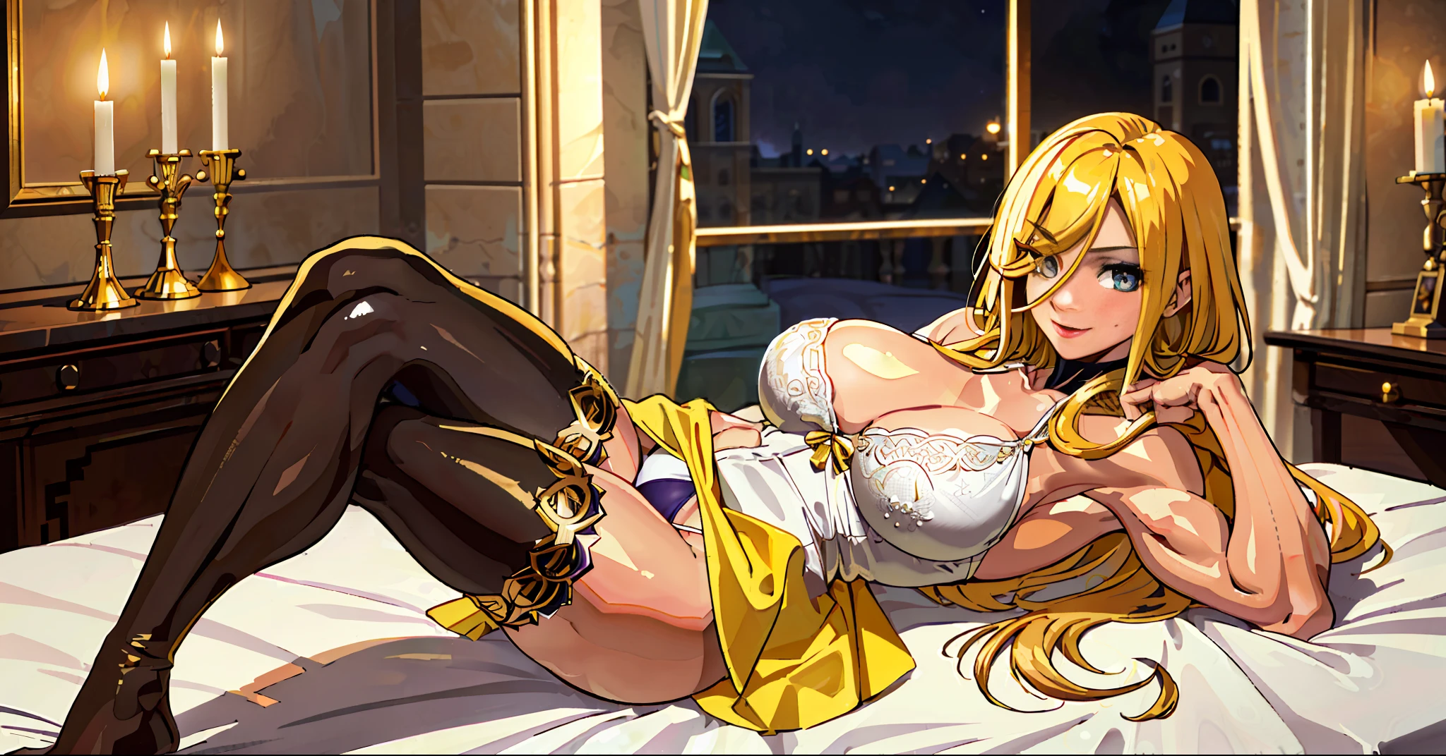 (Masterpiece, best quality), 1 girl, queen, NSFW, ((muscle girl) abdomen, legs, arms, thighs, all strong and tornados), crossed_legs, huge breasts, laughs512, dark shadow makeup, dark lips, (black bodycon dress), (aroused_face:1.4), medieval room, candles, candle lighting, night, bed, medieval bed, bright gold coins scattered on the bed, medieval coins, shame, show-off, big chest, panties, light, oversized shirt, (long yellow hair: 1.4), bra,, lying on your side, looking at the viewer, legs open, camel finger, in tight panties, pleasure, (((no errors))), ((well detailed)), (((extremely well done)))
