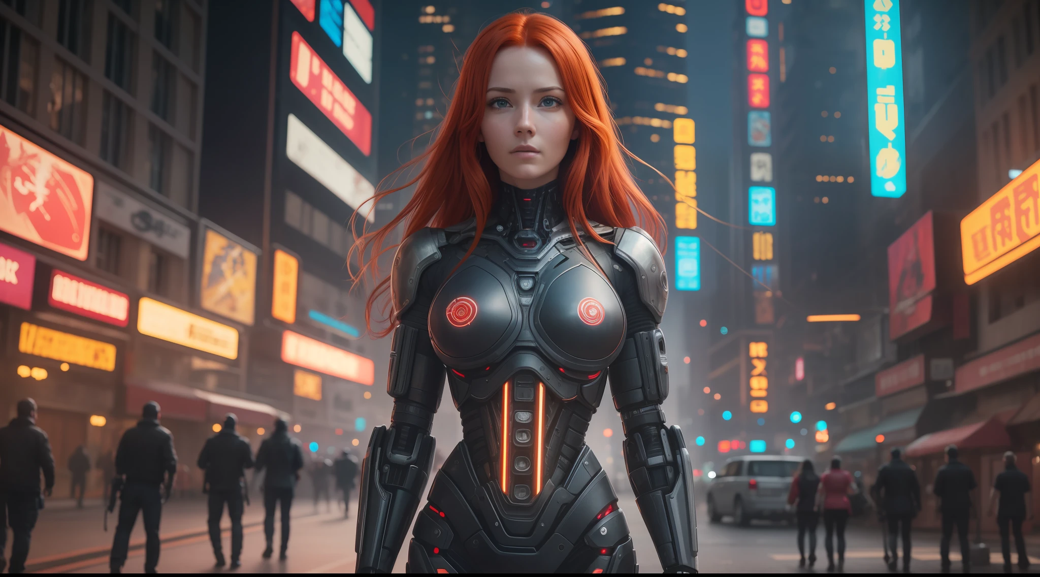 Award-winning photo from the waist up, red-haired woman showing her face, alone, from the torso up, with cybernetic enhancements with tattooing of magical symbols, in front of cyberpunk buildings, vibrant, photorealistic, hyper-realism, strong impressionist painting style, 1,618, elegant, ethereal, intricate, elaborate, hyper-realism, hyper-detailed, strong expressiveness and emotionality, cinematic lighting, visual clarity