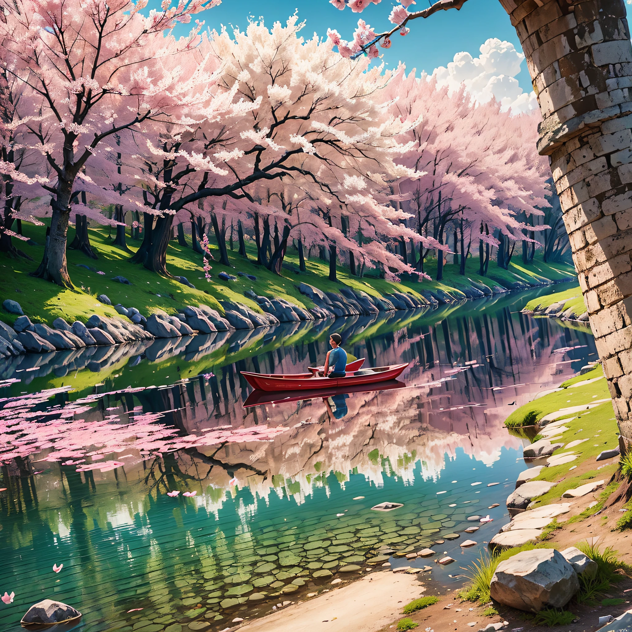 "Beautiful little fresh, blue-shirted man in the peach blossom forest, fresh breeze. Peach blossoms in red, pink, white, purple, yellow and other colors fall with the wind, filled with a strong spring atmosphere. The lake is turquoise, lush with greenery, and the scenery is beautiful and pleasant. " --auto --s2