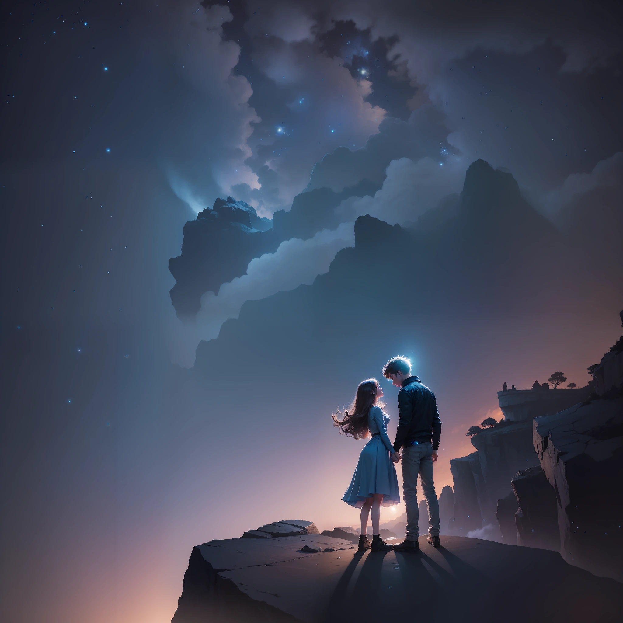 teenage boy and girl kissing, standing on an ancient rock, perfect body, beautiful face ,night, dark night, blue moon, ultra high quality, fireflies, magical, mysterious, love, romantic, blue moon, photo realistic, silhouette, ultra hd, fireflies in the background, no lights