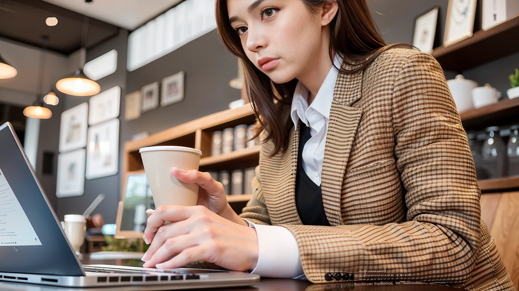 Masterpiece, best picture quality, highly detailed, girl in professional clothes, brunette hair, sitting in coffee shop, pleasant chat with boys, professional clothes, laptop.