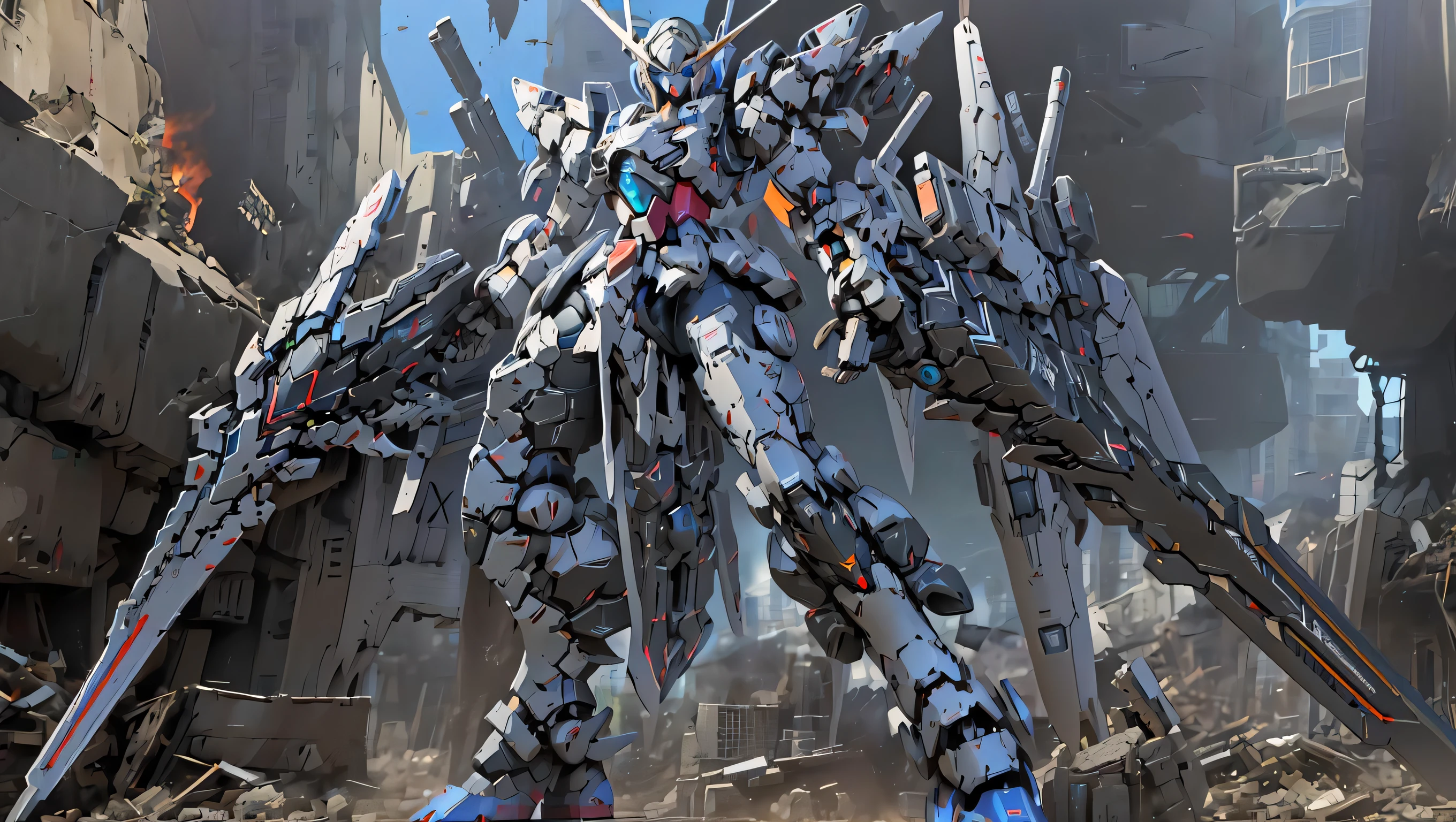 masterpiece, best quality, mecha, no humans, (full body), (black armor mecha:1.5), (Axisymmetric:1.4),(HDR), (cinematic light:1.1), blue eyes, science fiction, fire, laser canon beam, war, conflict, destroyed city background holding weapon,(holding huge weapon:1.5), holding Very large shield, mechagirl girl,