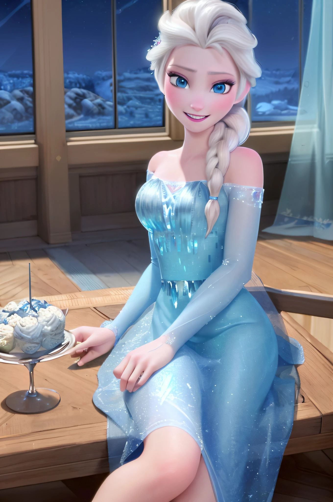 NSFW (masterpiece:1.4),(best qualit:1.4),(high resolution:1.4),elsa of arendelle, blue ice dress, single braid ,sitting,single braid,(looking at viewer:1.1),(night:1.2),couch,fireplace,smile,1girl,solo,solo focus,