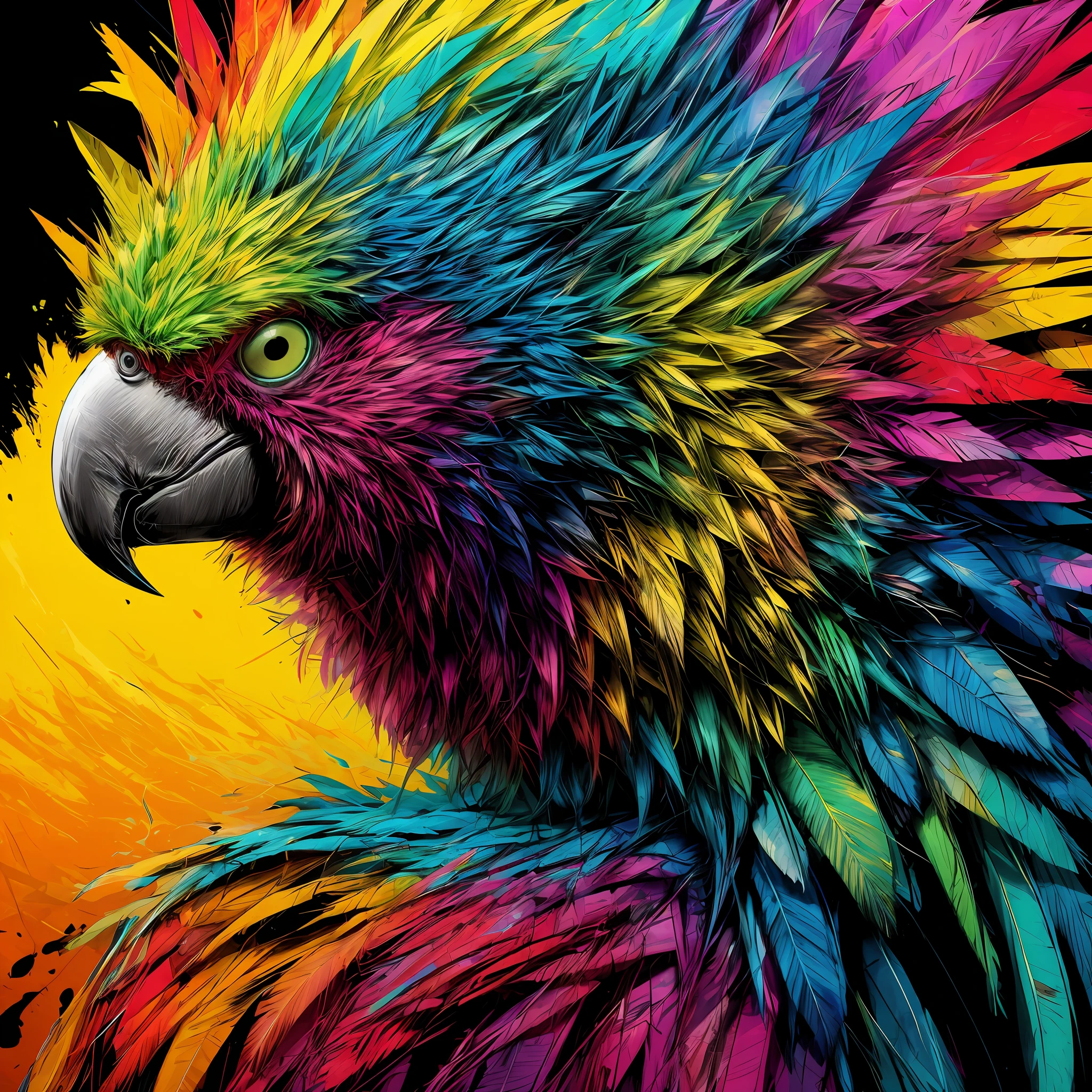 technicolor, vibrant, Chemical parrot, radioactive glow, Biohazard, abstract art by Petros Afshar, oversaturated