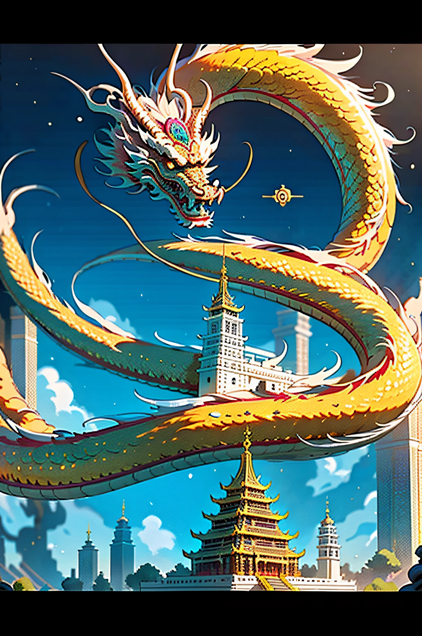 (Masterpiece, best_quality, Ultra Detailed, Immaculate: 1.3), Epic, Illustration, (Length: 1.2), Oriental Dragon, "Dystopian Temple, Golden Dragon"