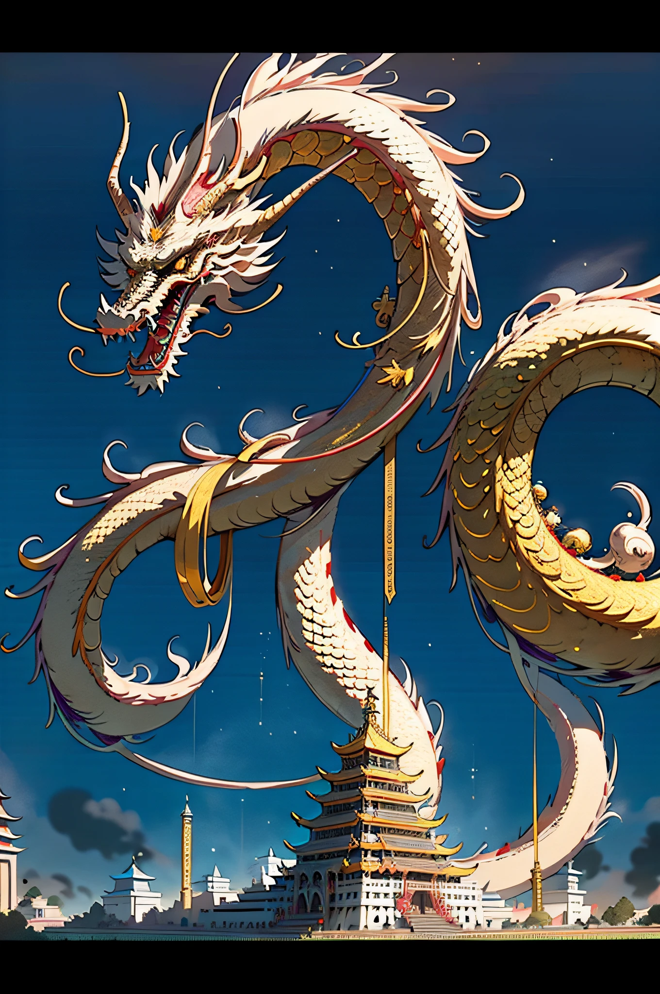 (Masterpiece, best_quality, Ultra Detailed, Immaculate: 1.3), Epic, Illustration, (Length: 1.2), Oriental Dragon, "Dystopian Temple, Golden Dragon"