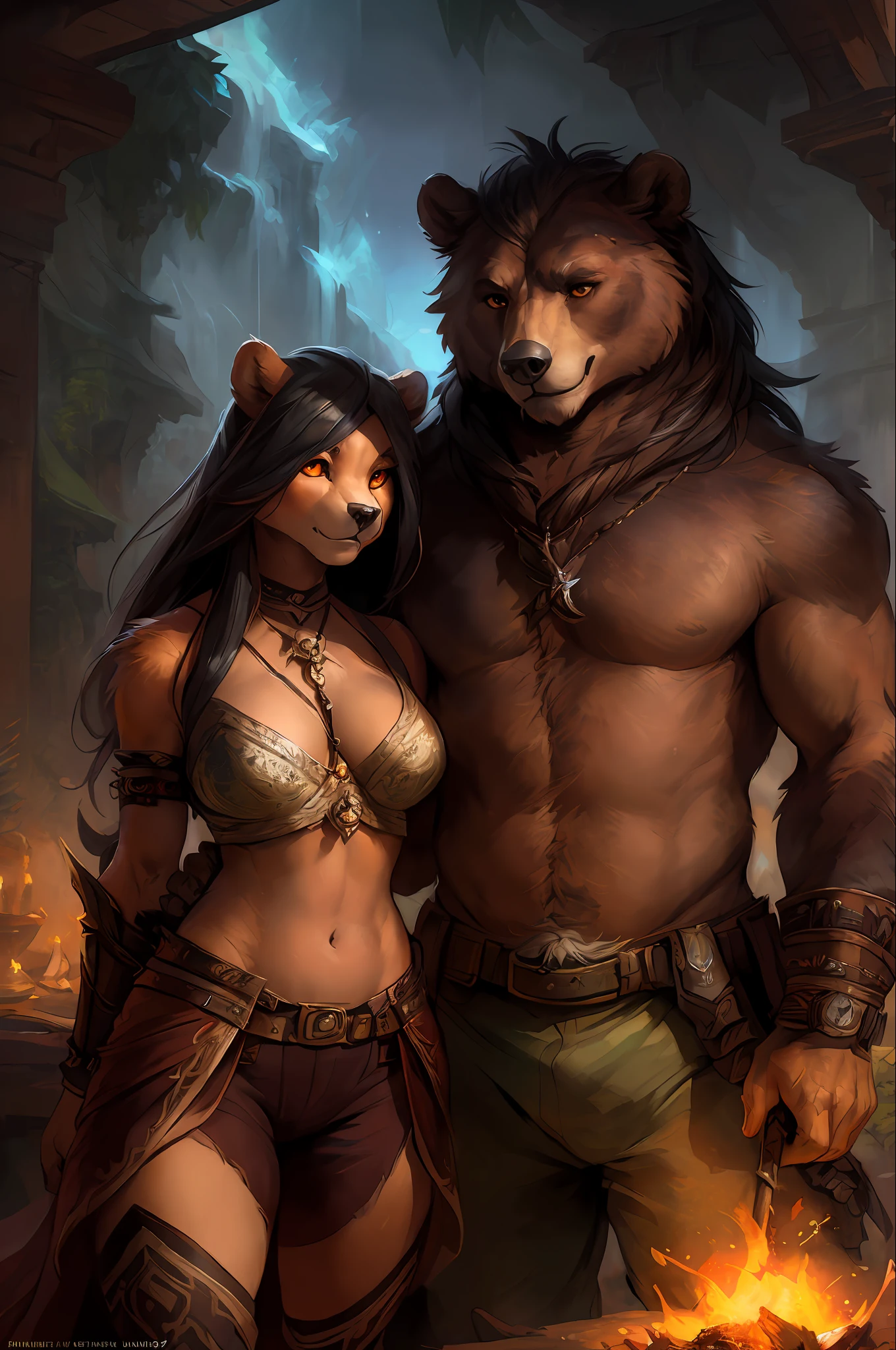 kenket, ross tran, ruan jia, bonifasko, a mighty male bear made out of (wandering barbarian), heterosexual, orange eyes, big black mane of hairs, fantasy portrait, finely detailed brown medieval underwear, intricate design, double blades, silk, cinematic lighting, 4k,