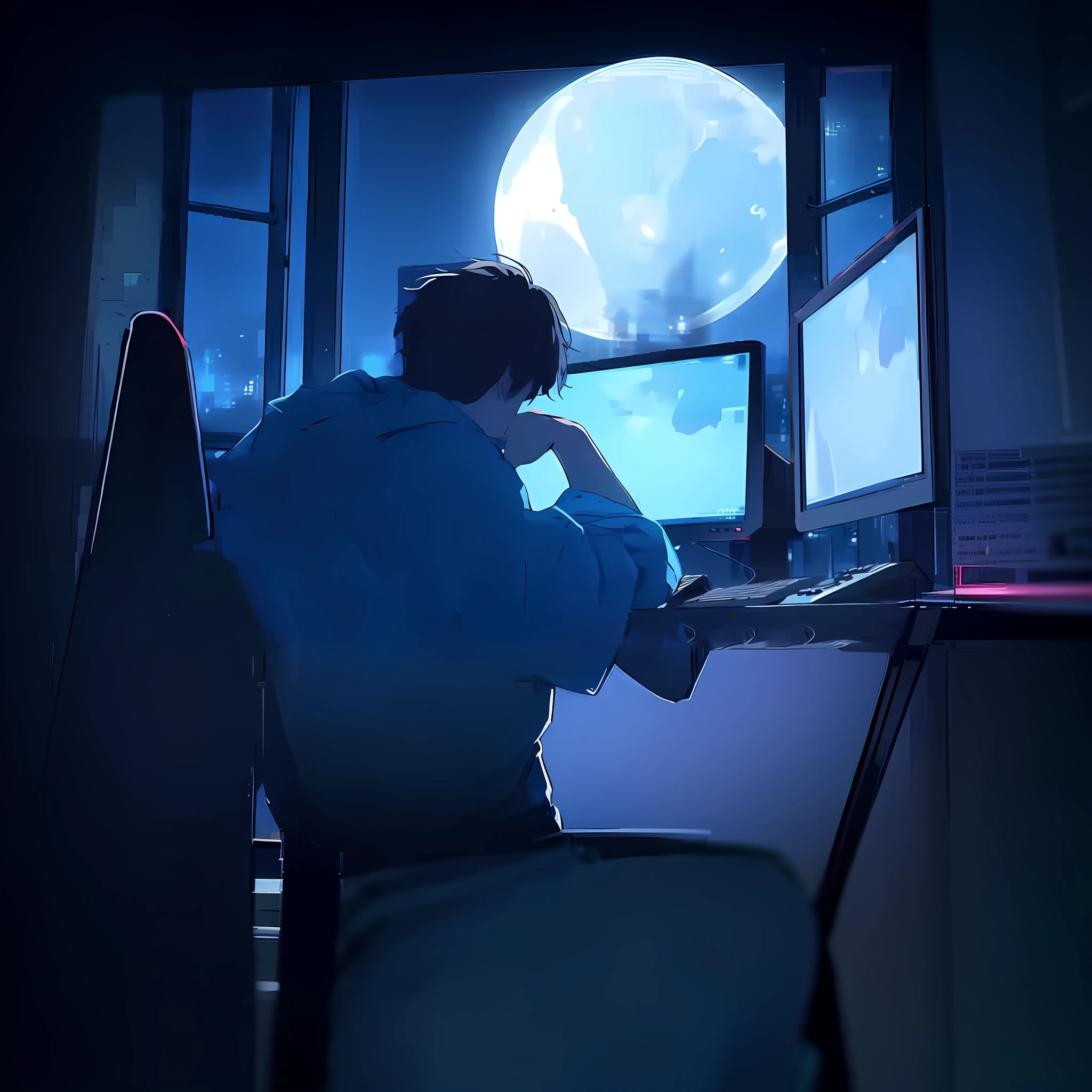 anime boy sitting at a desk with two monitors and a computer, anime aesthetic, anime background, nightcore, makoto shinkai style, anime asthetic, anime wallaper, ( ( makoto shinkai ) ), makoto shinkai. —h 2160, makoto shinkai!, makoto shinkai!!, high quality anime artstyle