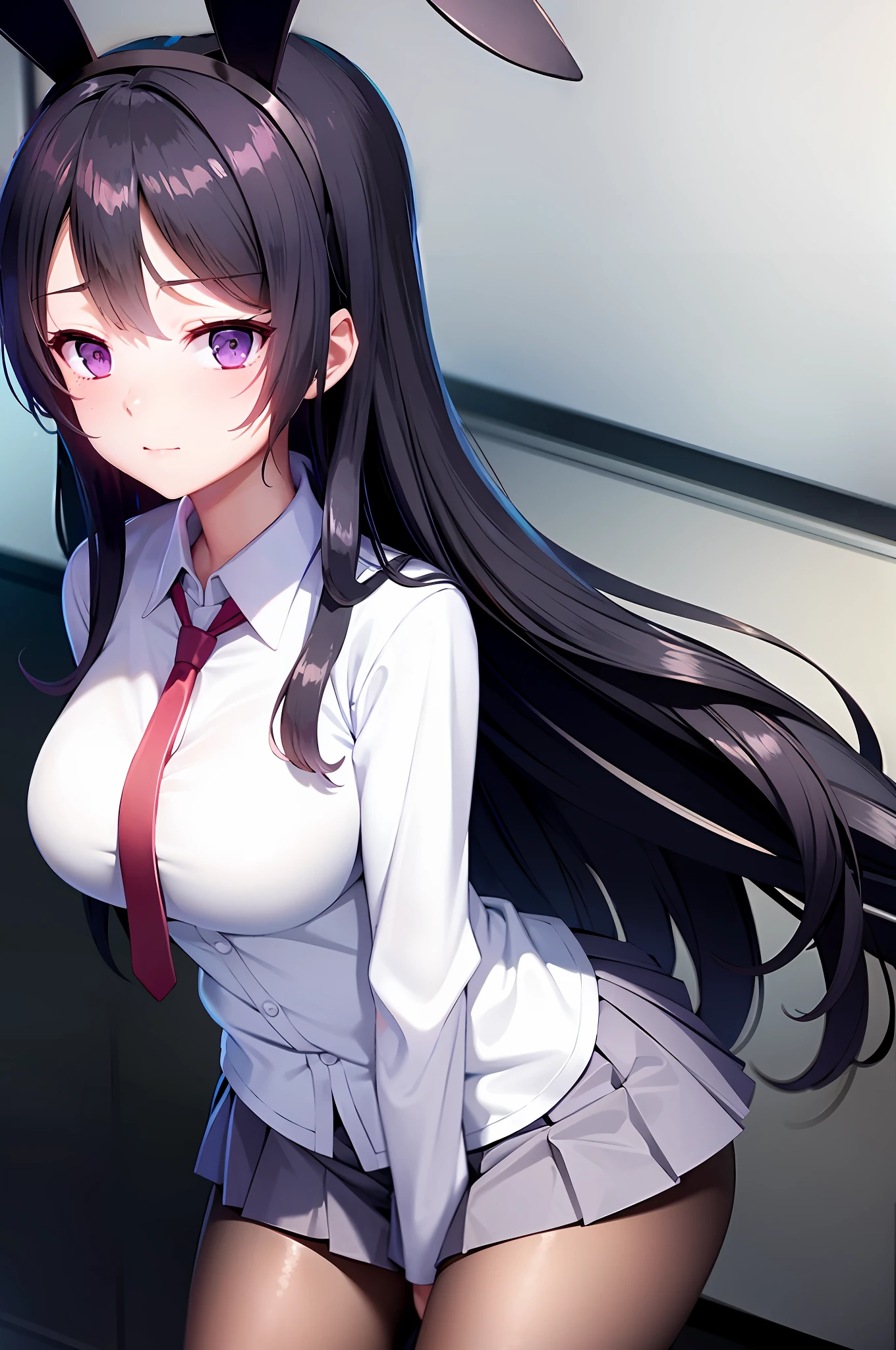 School uniform, white shirt, pantyhose, pleated skirt, tie, rabbit ears, Mai sauce, faint smile, mid_breats, best quality