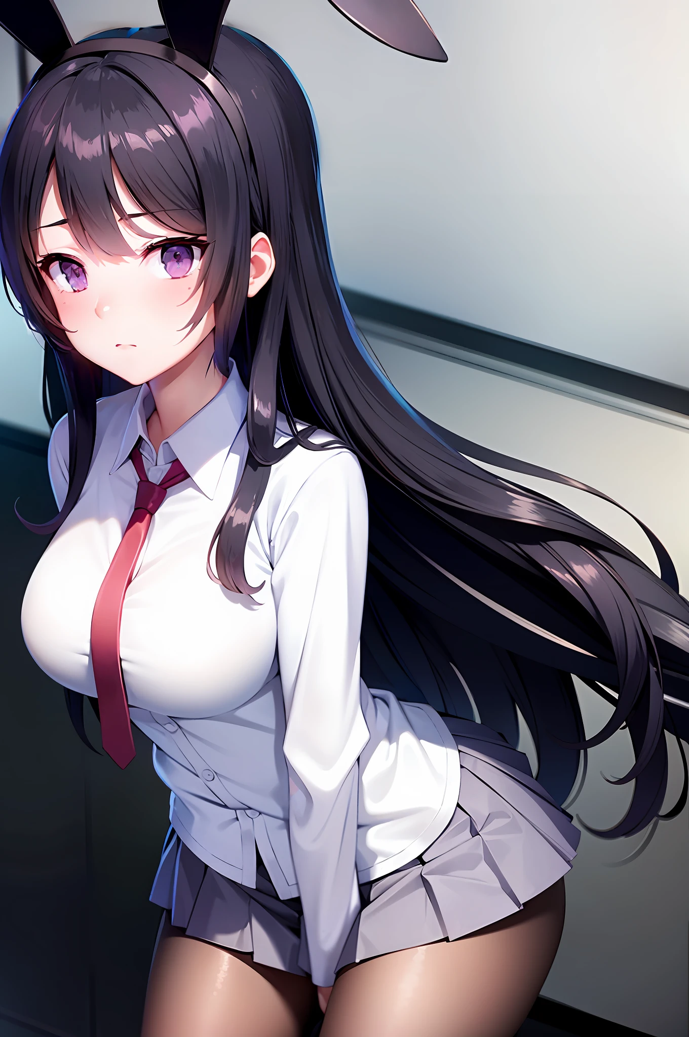 School uniform, white shirt, pantyhose, pleated skirt, tie, rabbit ears, Mai sauce, faint smile, mid_breats, best quality