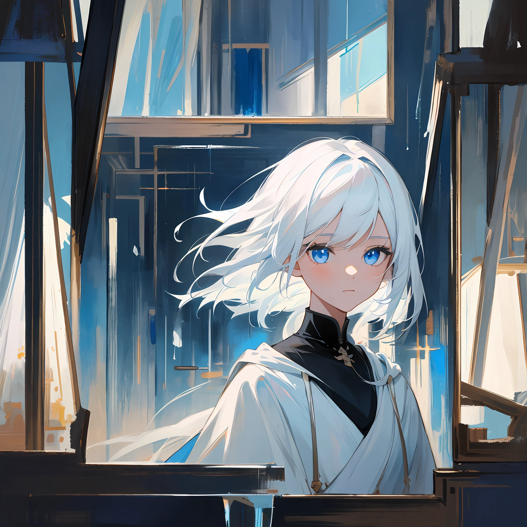 1 girl, upper body, white hair, blue eyes, indoors, dim light, paintings, glass, reflection, holding threads