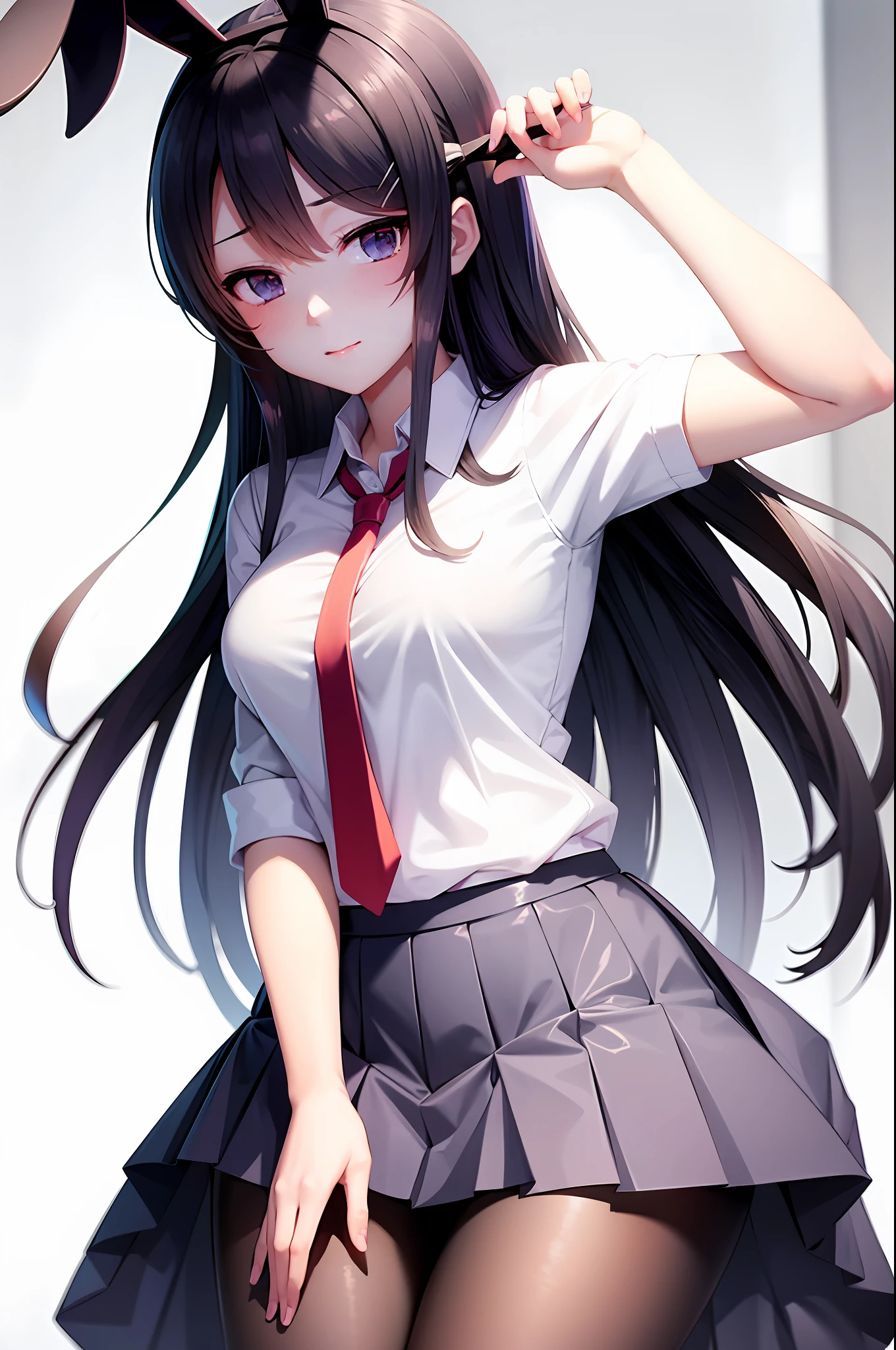 School uniform, white shirt, pantyhose, pleated skirt, tie, rabbit ears, Mai sauce, faint smile, mid_breats, best quality