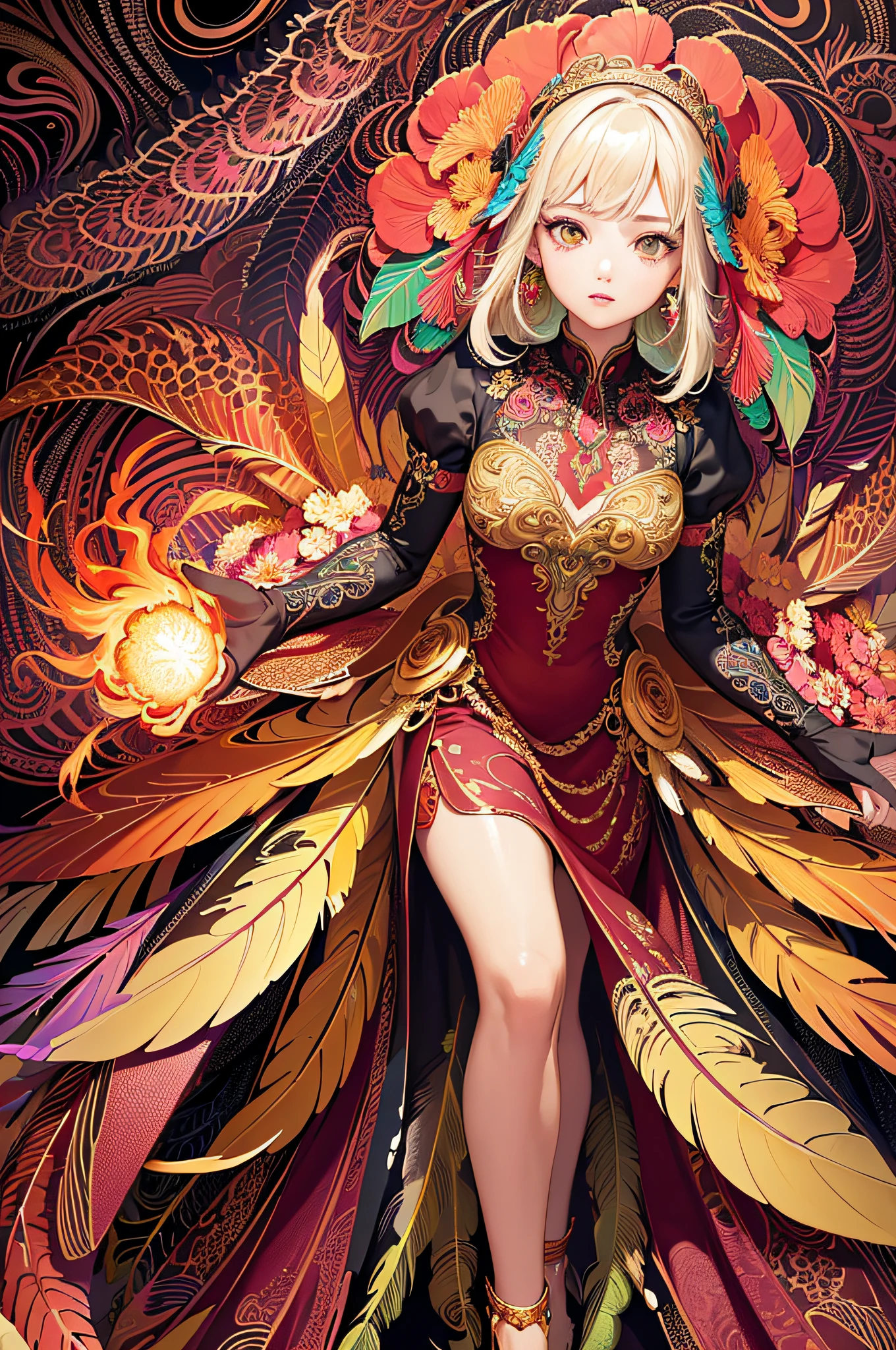 (masterpiece, top quality, best quality, official art, beautiful and aesthetic:1.2), (1girl:1.3), extremely detailed,(fractal art:1.1),(colorful:1.1)(flowers:1.3),highest detailed,(zentangle:1.2), (dynamic pose), (abstract background:1.3), (shiny skin), (many colors:1.4), ,(earrings), (feathers:1.5) , (Flamethrower:1.3),red background,Phoenix dress,