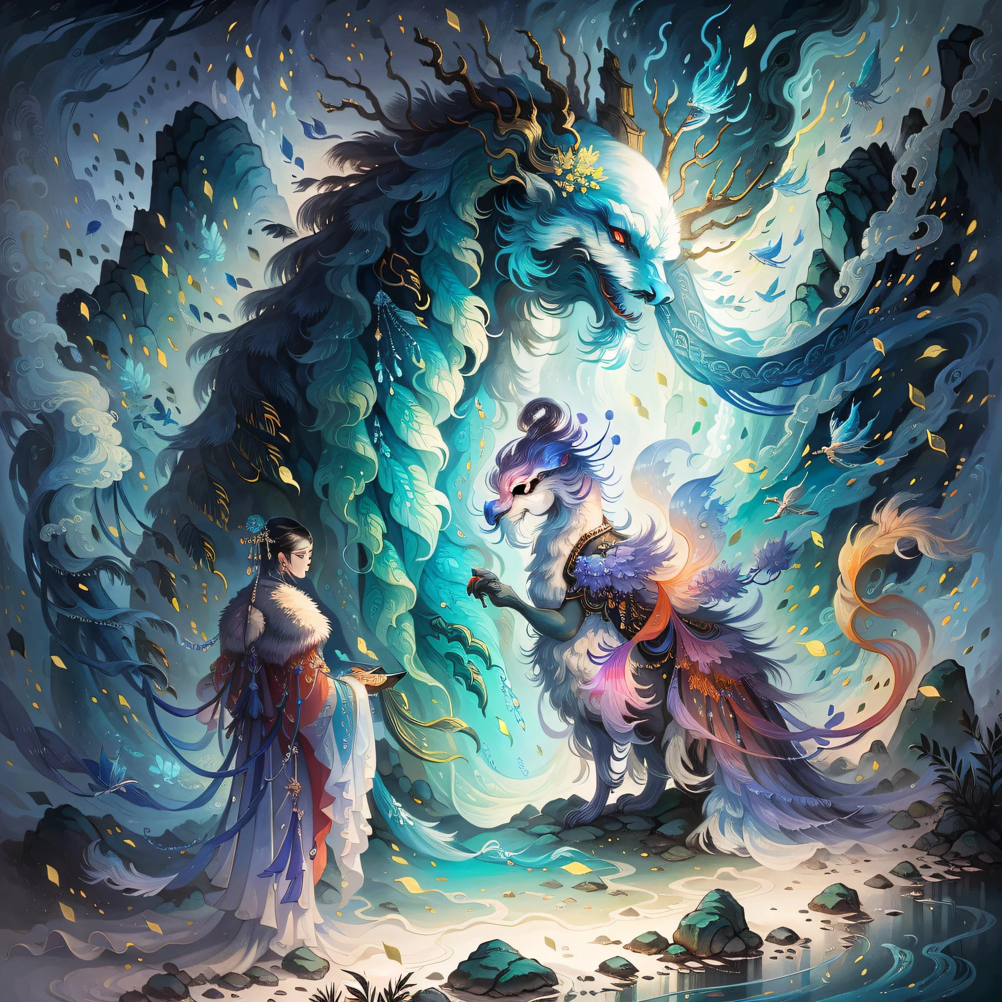 Mountains and seas through exotic beasts, gongbi painting, Ni Chuanjing, fine brush strokes, ethereal gestures, dreamy scenes, fluorescence, light colors, chiaroscuro, very detailed, high quality, high detail, award-winning, accurate, masterpiece. --auto --s2