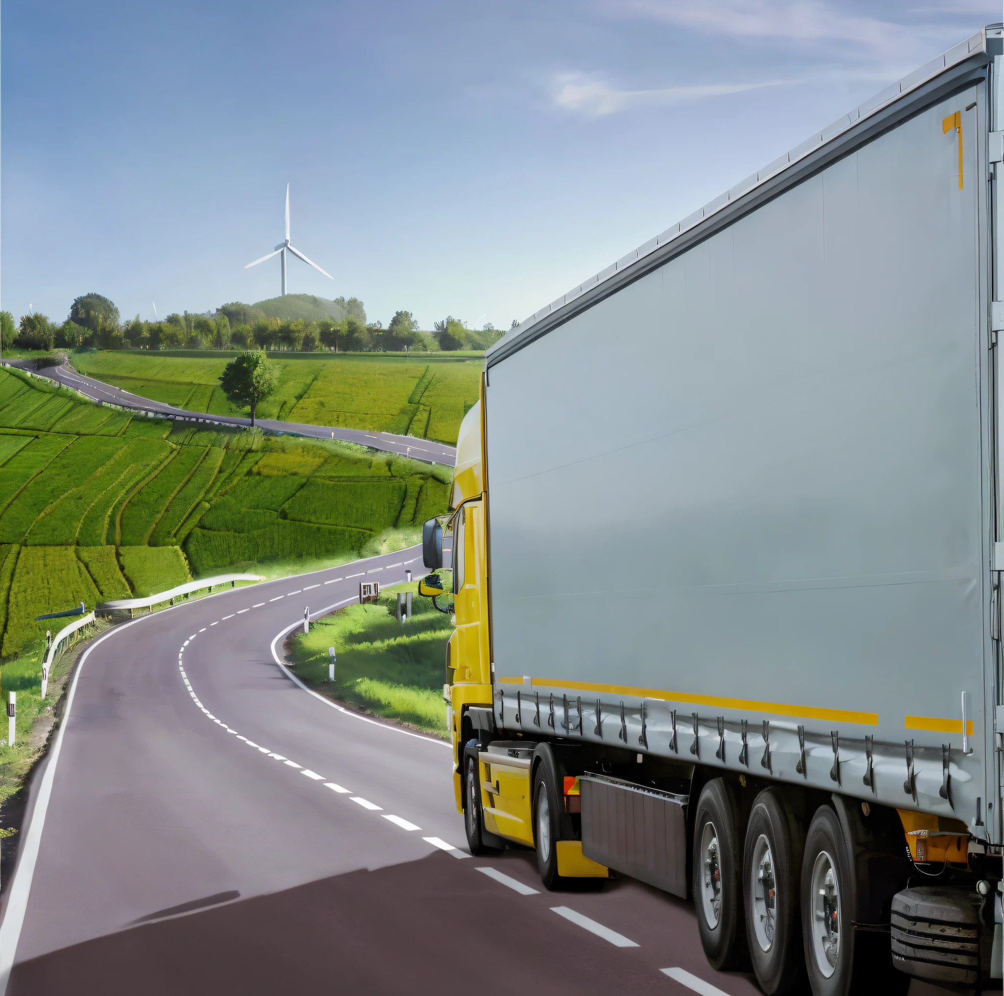 real picture, green rice fields, farmland, alaf truck driving on a road with wind turbine background, truck, photo rendering, istock, semi-realistic rendering, clear and smooth lines, shutter, ultra-realistic, artistic rendering, beautiful high resolution, background in landscape, illustration! , detailed environments, really realistic images, landscape full shot, best Adobe stocks, advertising photos