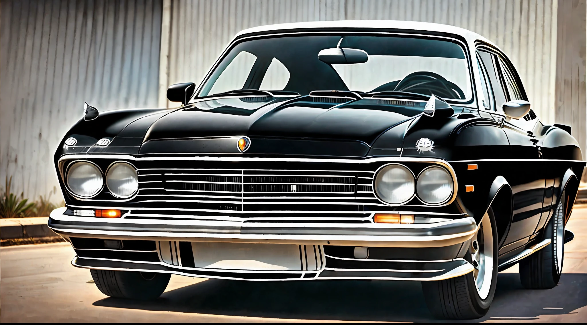 A black and white cat sitting on the front hood of a beautiful car from the 80s, the car is seen from the front, beautiful grille, airbrush paint --auto --s2