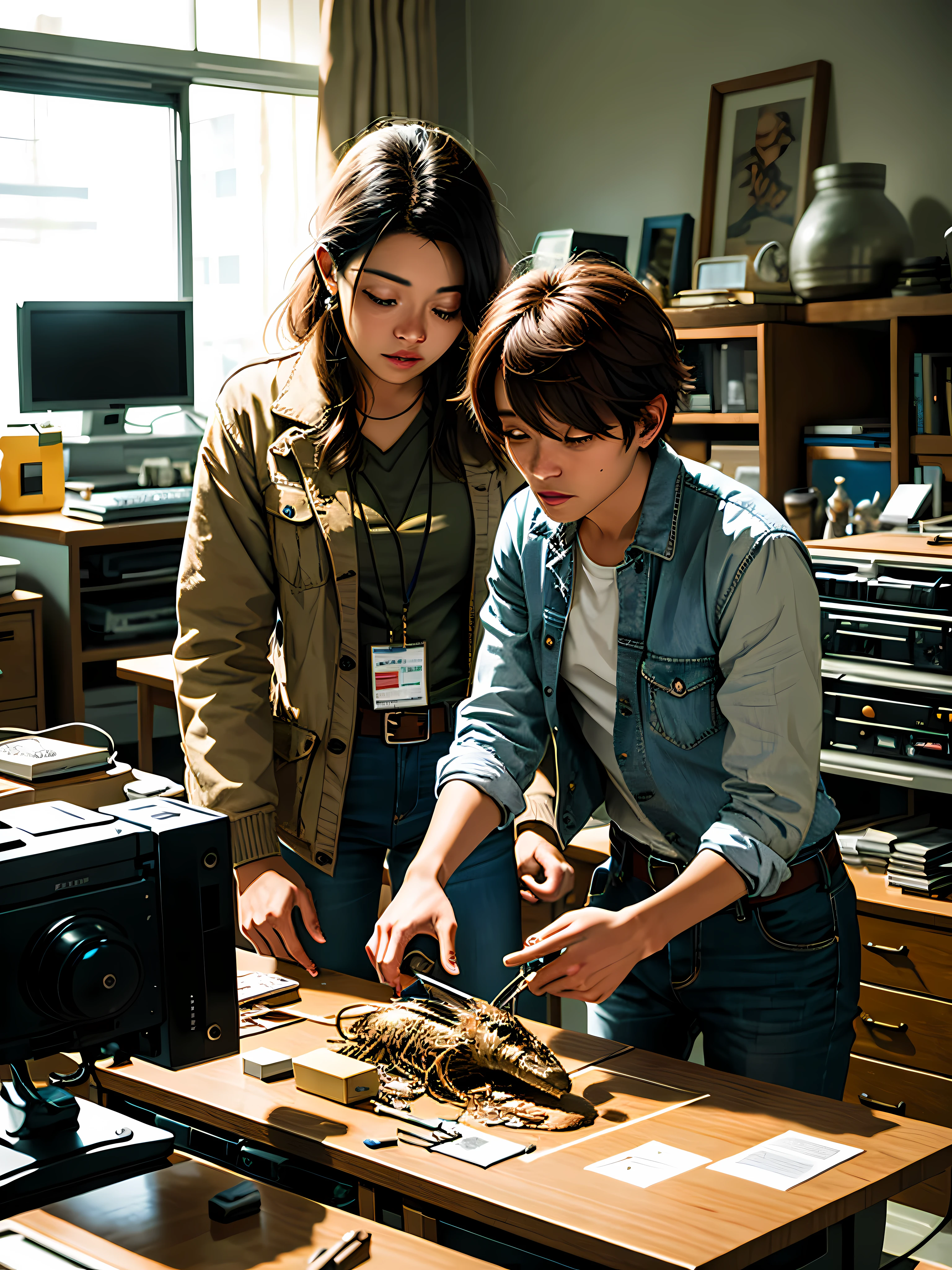 best quality, masterpiece, male and female holding, interior, forensics, intern, dissection table,