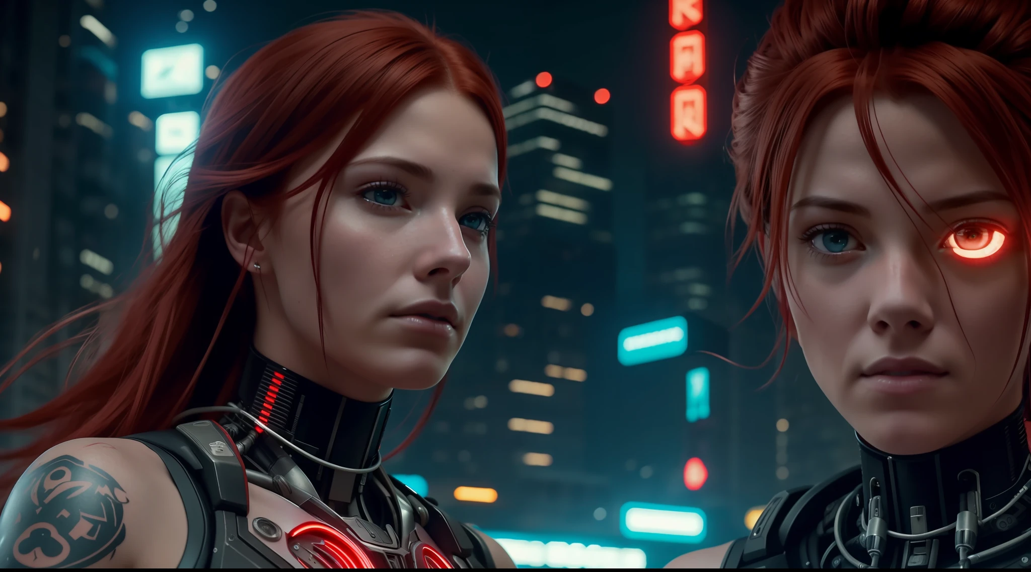 Award-winning photo from the waist up, red-haired woman showing her face, alone, from the torso up, with cybernetic enhancements with tattooing of magical symbols, in front of cyberpunk buildings, vibrant, photorealistic, hyper-realism, strong impressionist painting style, 1,618, elegant, ethereal, intricate, elaborate, hyper-realism, hyper-detailed, strong expressiveness and emotionality, cinematic lighting, visual clarity