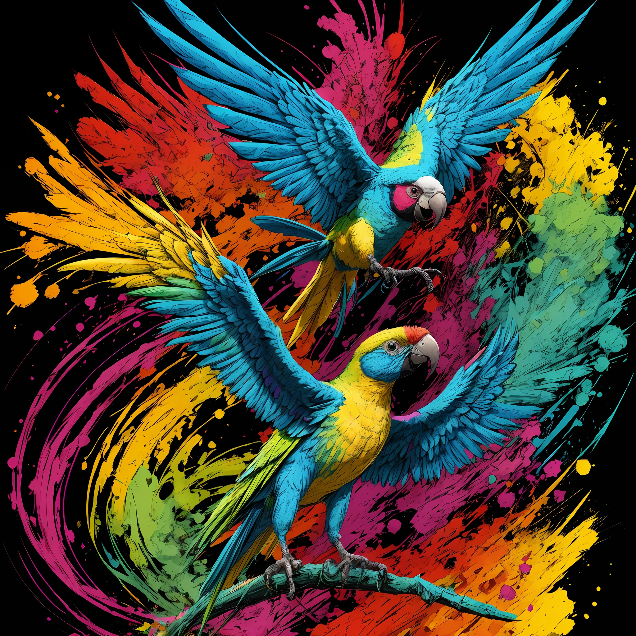 design for a tshirt, sticker technicolor, vibrant, Chemical parrot, radioactive glow, Biohazard, abstract art by Petros Afshar, oversaturated