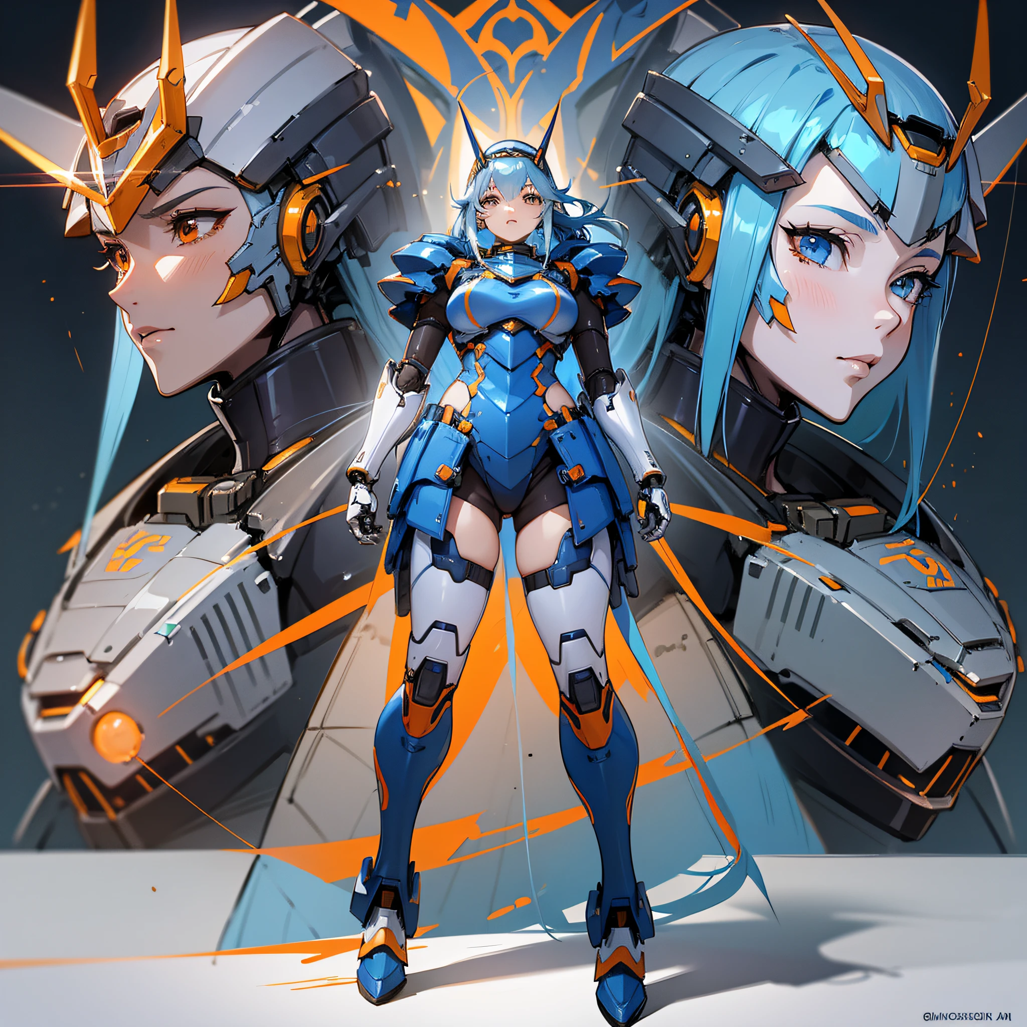 Orange and blue paint, close-up portrait of a person in costume with a sword, cyber japan style armor, cyber japan armor, guyver style, girl in armor, monster hunter armor, full body mecha suit, perfect anime cyborg woman, cyborg noble woman, mecha cyber armor girl, detailed full body concept, female armor, anime character. Full Body Art --auto --s2