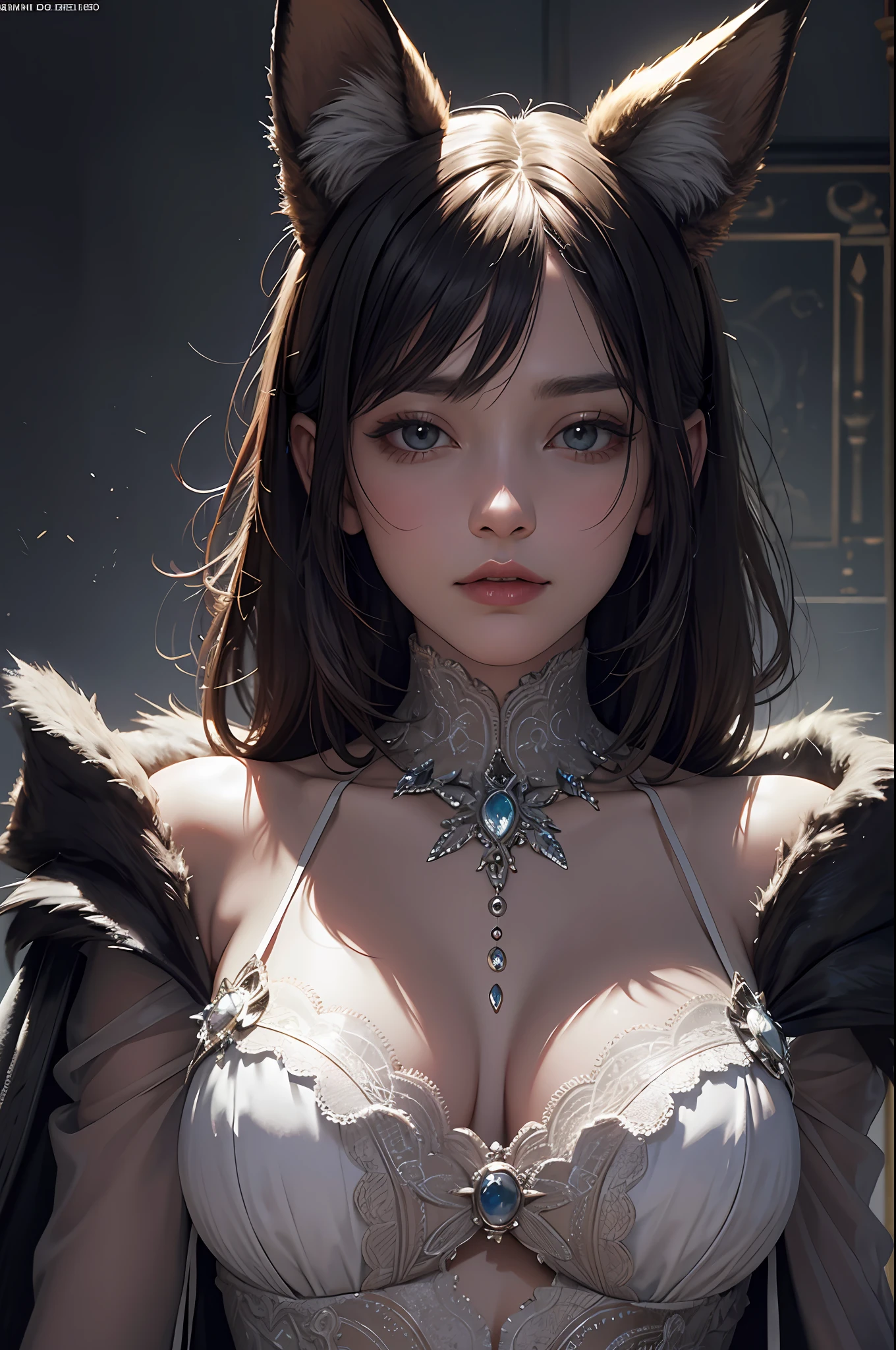 official art, Unity 8k wallpaper, super detailed, beautiful, beautiful, masterpiece, top quality, too classy, unrivaled, alchemist, alchemy in alchemy, darkness, atmosphere, mystery, romanticism, erotic, creepy, literature, art, fashion, Victorian, decoration, complexity, silverware, lace, contemplation, emotional depth, supernatural, one girl, fox ears, solo, neck, Portrait composition
