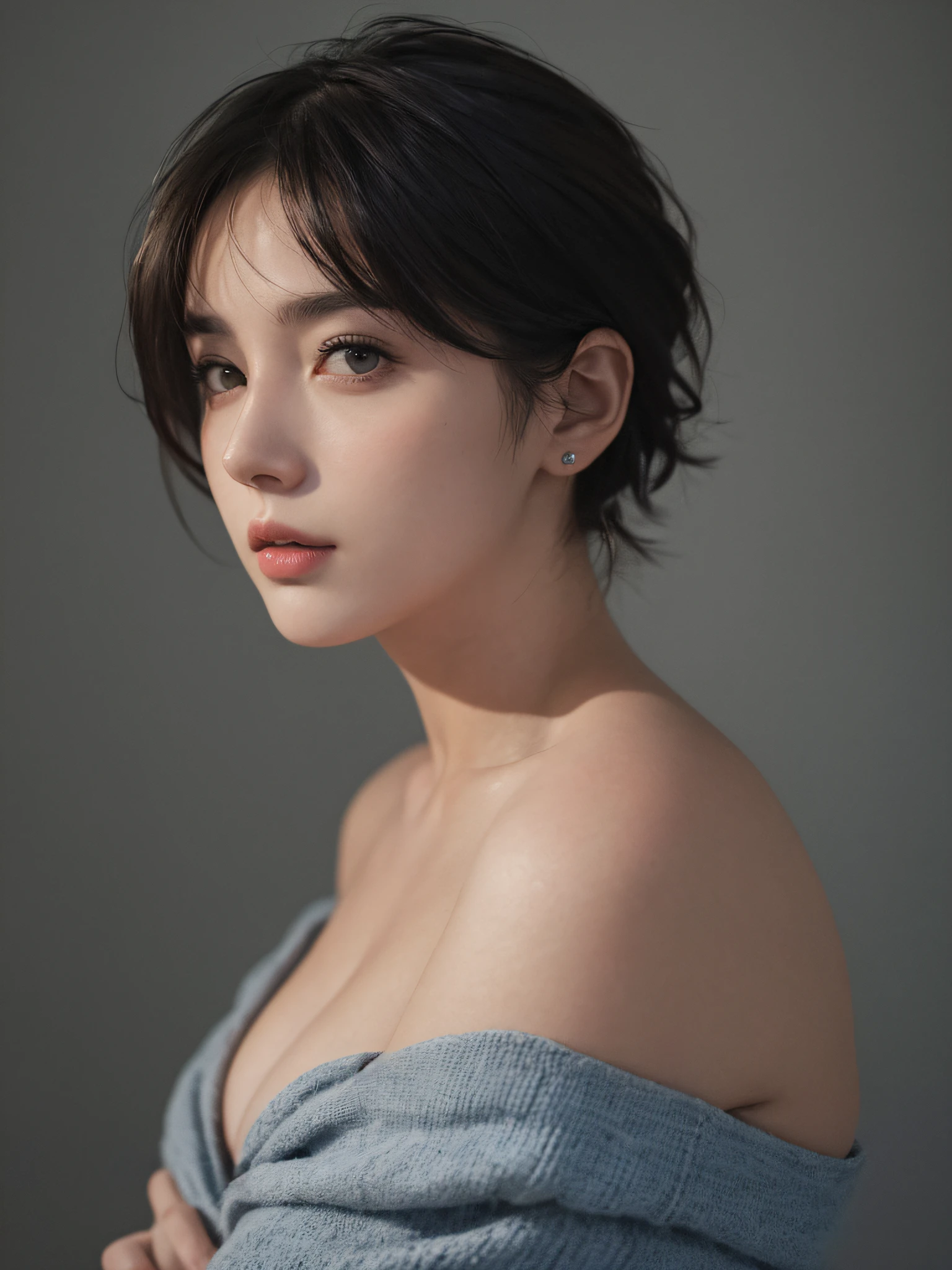 Best quality, masterpiece, ultra high res, (photorealistic:1.5), raw photo, 1girl, offshoulder, in the dark, deep shadow, low key, cold light, sexy look, short hair