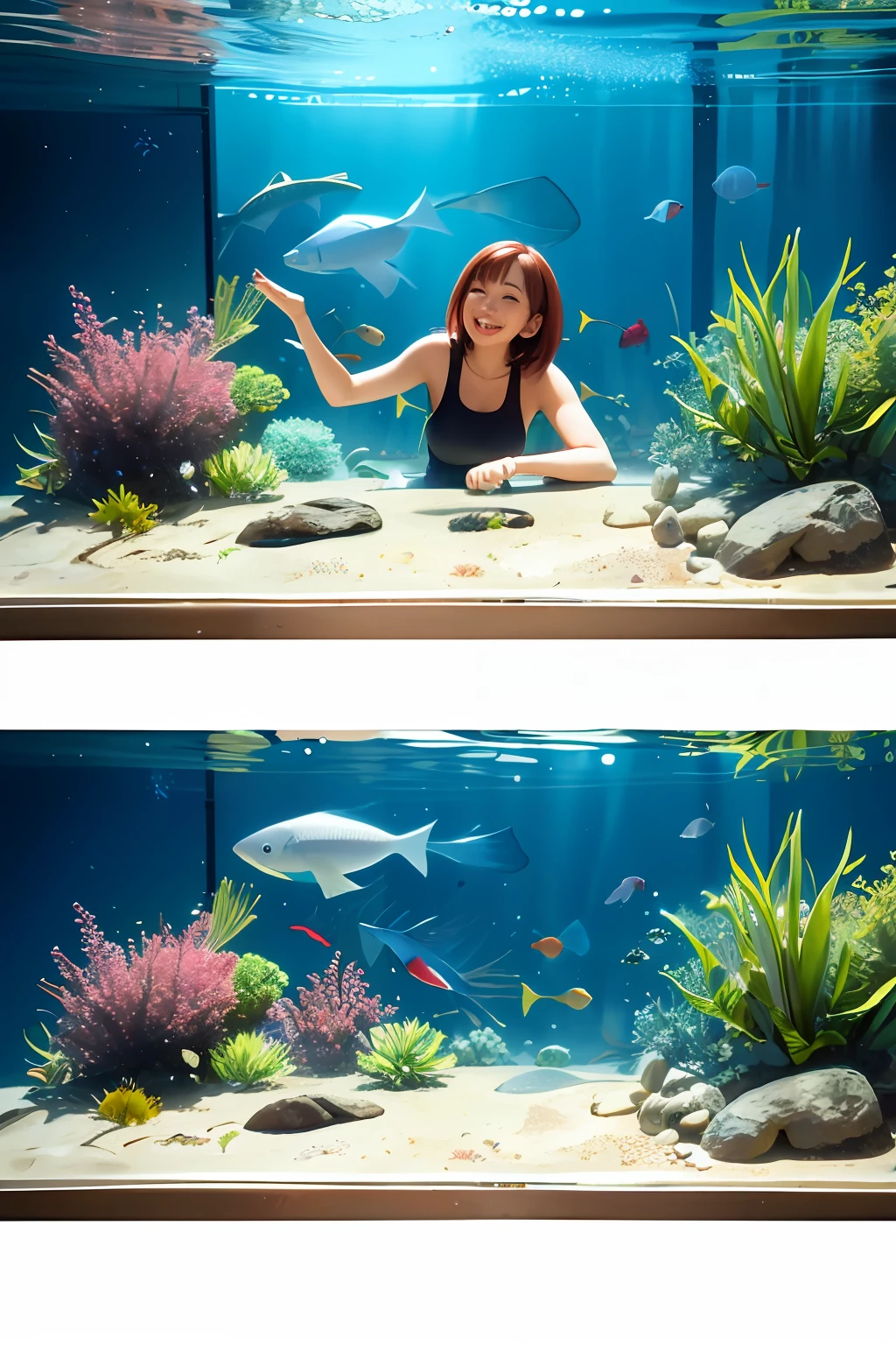 Seeing the fish in the fish tank, a beautiful woman smiled happily