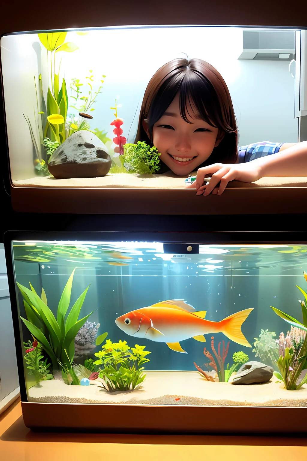 Seeing the fish in the fish tank, a beautiful woman smiled happily