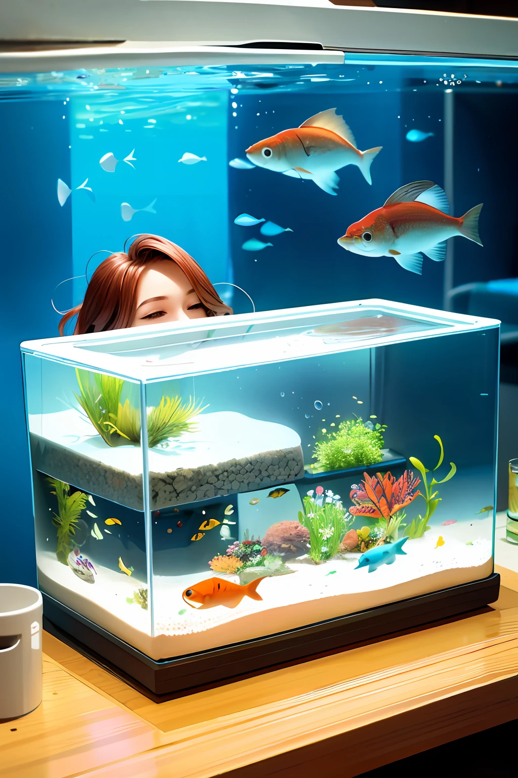 Seeing the fish in the fish tank, a beautiful woman smiled happily