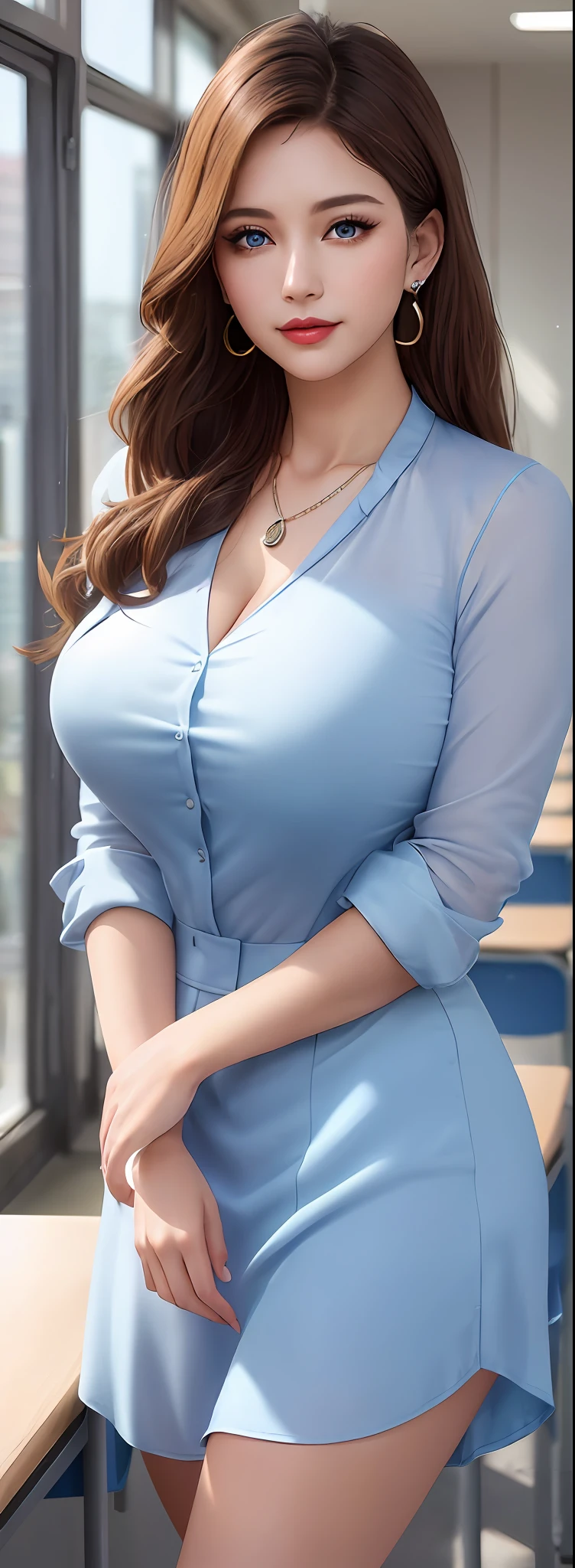 Female teacher v6 standing in the classroom, necklace, earrings, blue eyes, full body, school teacher sexy outfit, translucent clothes, visible, superb, ultra-high-definition, RAW photo, realism: 1.25), (bright lip gloss, long eyelashes, smooth face, light skin, natural shadows, wide light, wide light, depth of field, strong colors, subtle caustics: 0.8), smile, (big tits), v6, full body picture,