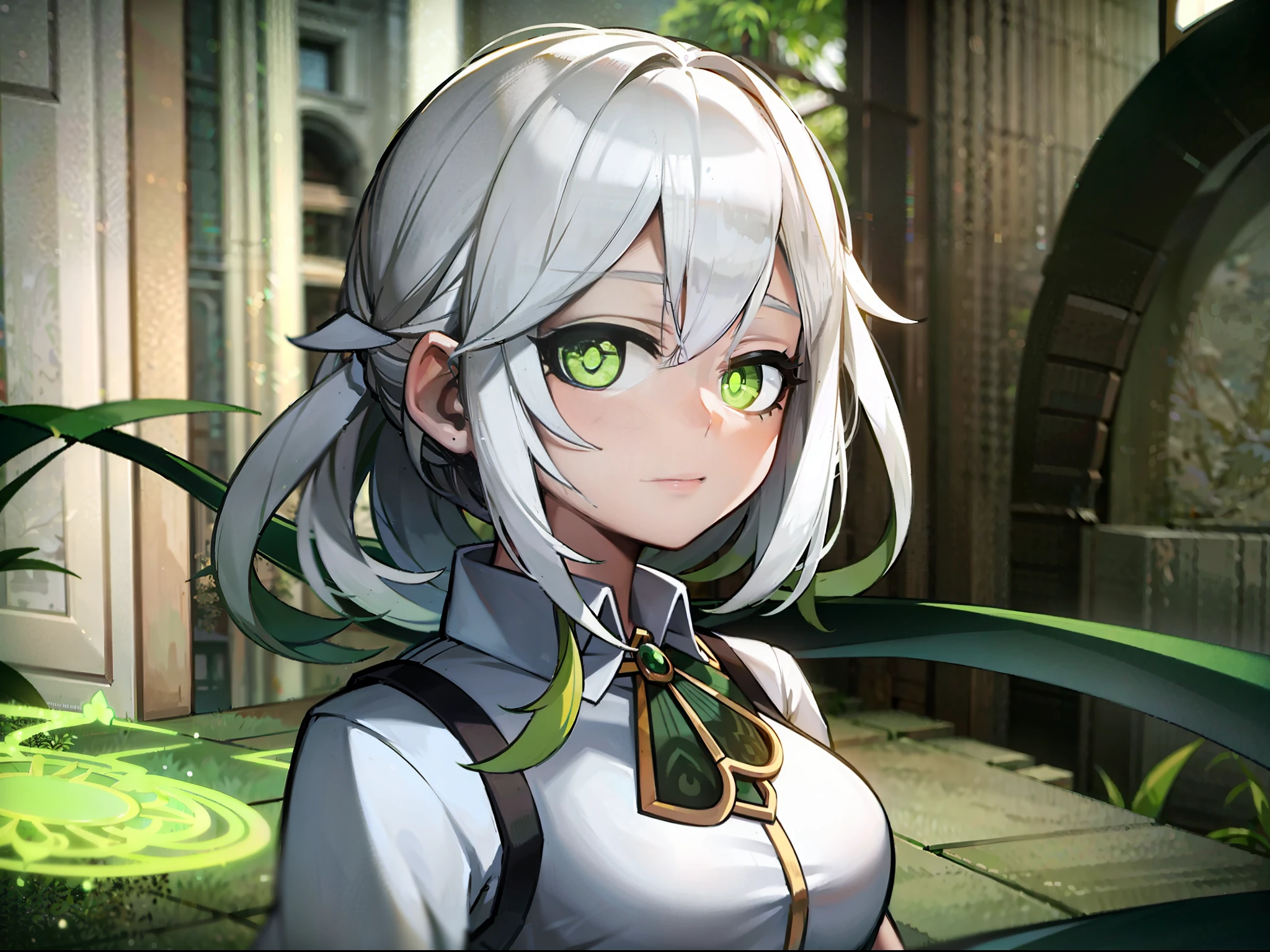 "Masterpiece, high quality, (anime), best quality, 1girl, dynamic lighting, dynamic background, white hair, green eyes, ((8 years)), beautiful face, beautiful eyes, background: forest